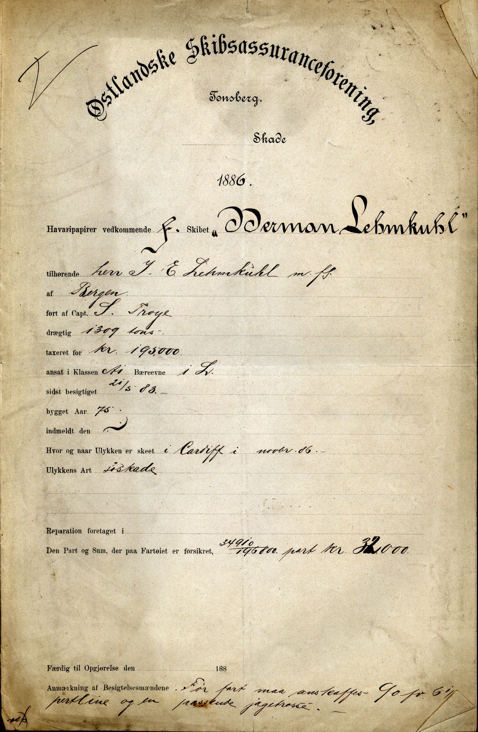 Pa 63 - Østlandske skibsassuranceforening, VEMU/A-1079/G/Ga/L0019/0012: Havaridokumenter / Activ, Ørnen, Hermod, Erato, Herman Lehmkuhl, 1886, s. 34