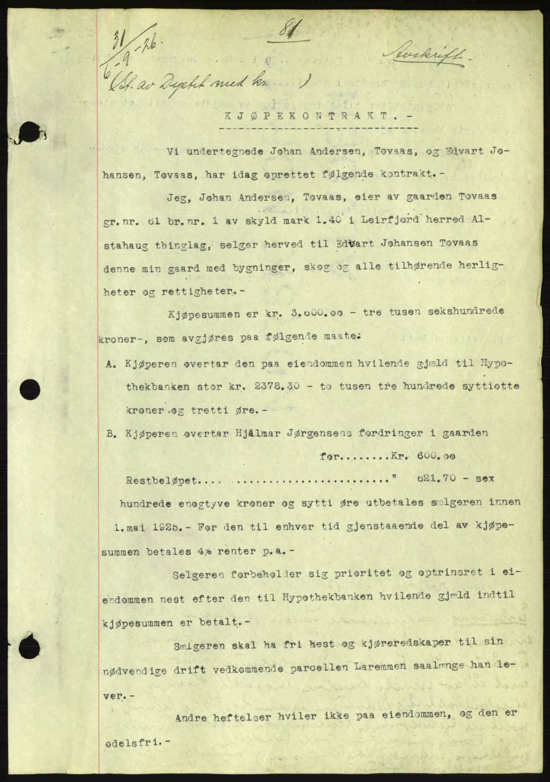 Alstahaug sorenskriveri, SAT/A-1009: Pantebok nr. B1a, 1926-1945, Dagboknr: 1/1926