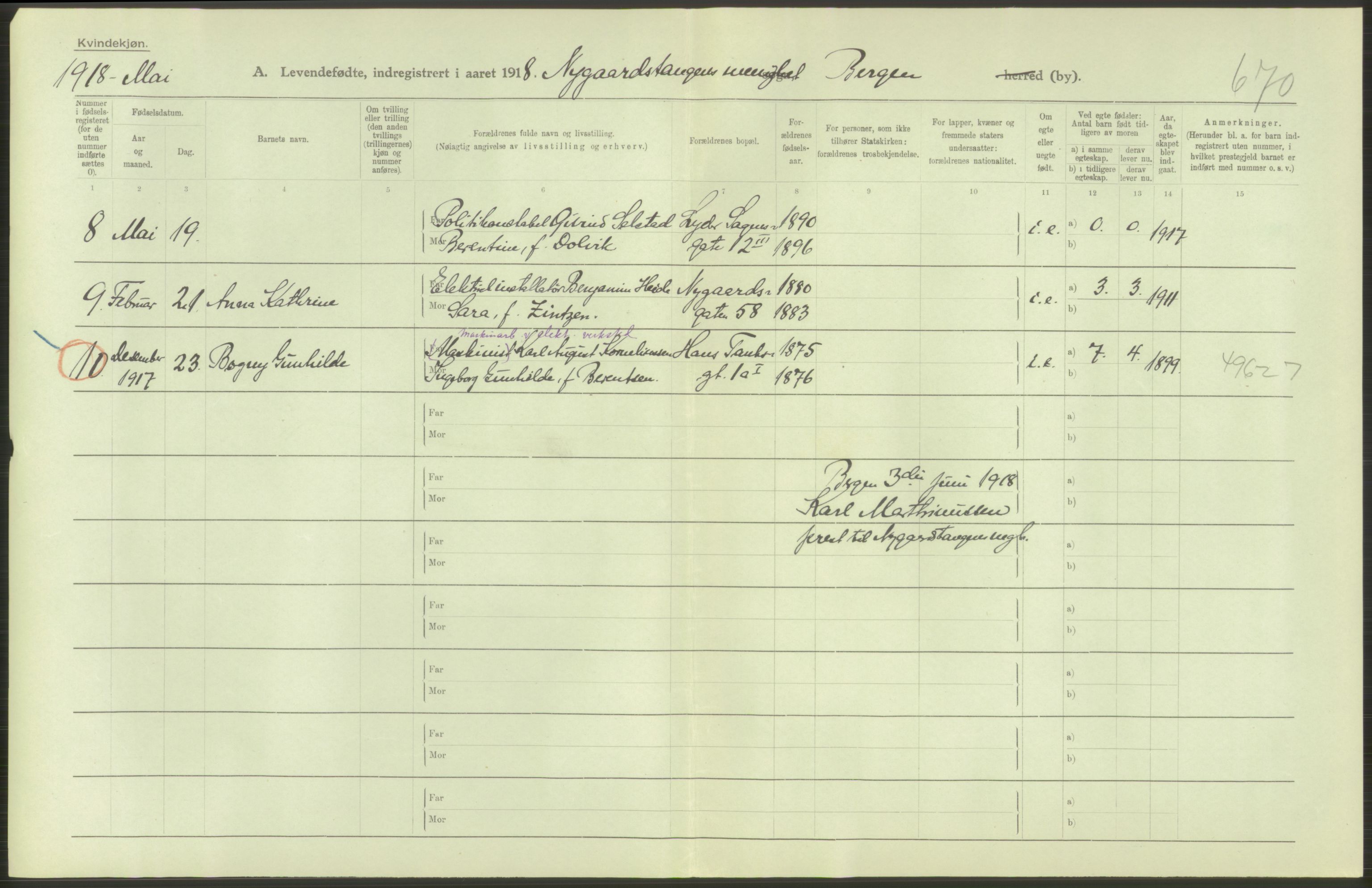 Statistisk sentralbyrå, Sosiodemografiske emner, Befolkning, AV/RA-S-2228/D/Df/Dfb/Dfbh/L0037: Bergen: Levendefødte menn og kvinner., 1918, s. 26