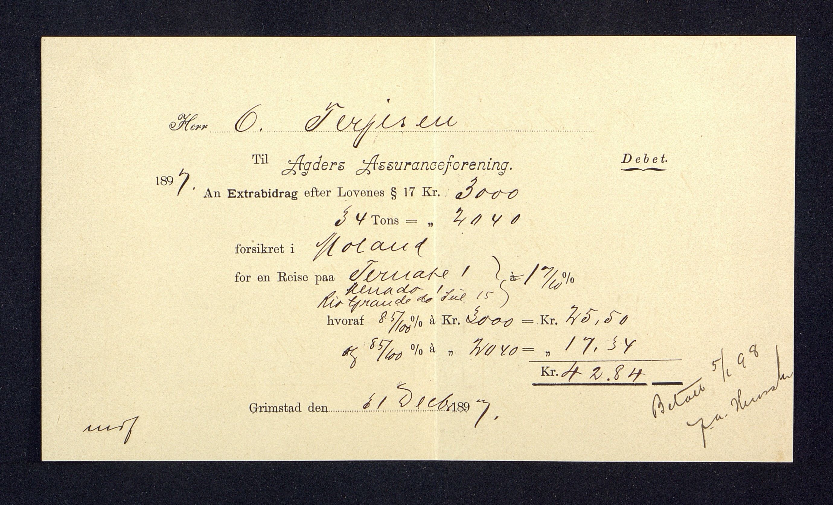 O. Terjesens rederi, AAKS/PA-2525/R/R02/L0001: Regnskapsbilag, 1884-1898