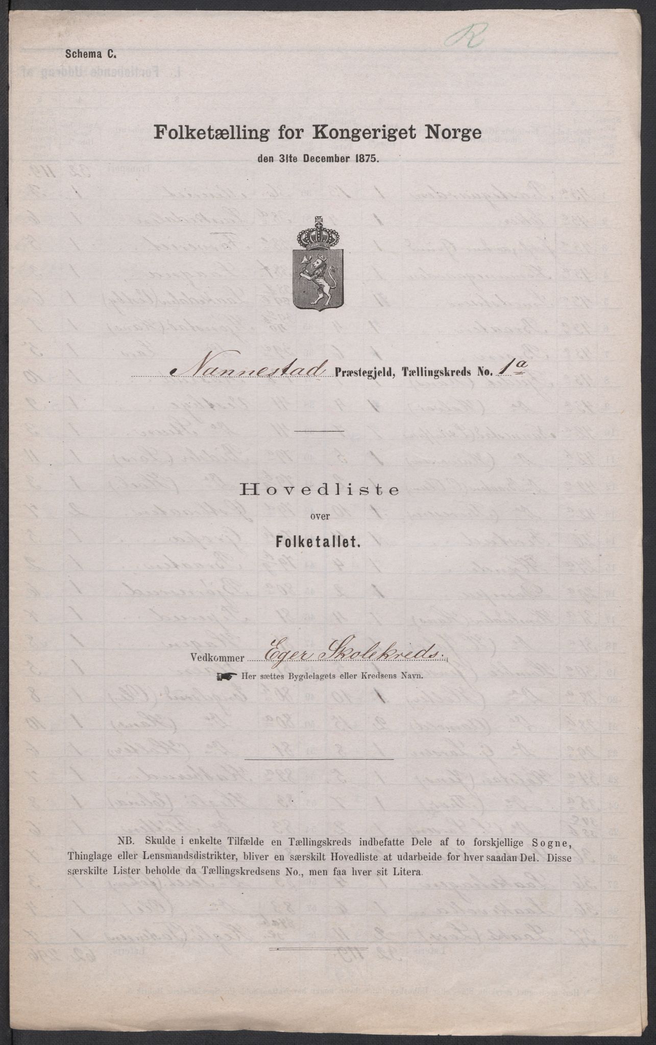 RA, Folketelling 1875 for 0238P Nannestad prestegjeld, 1875, s. 1