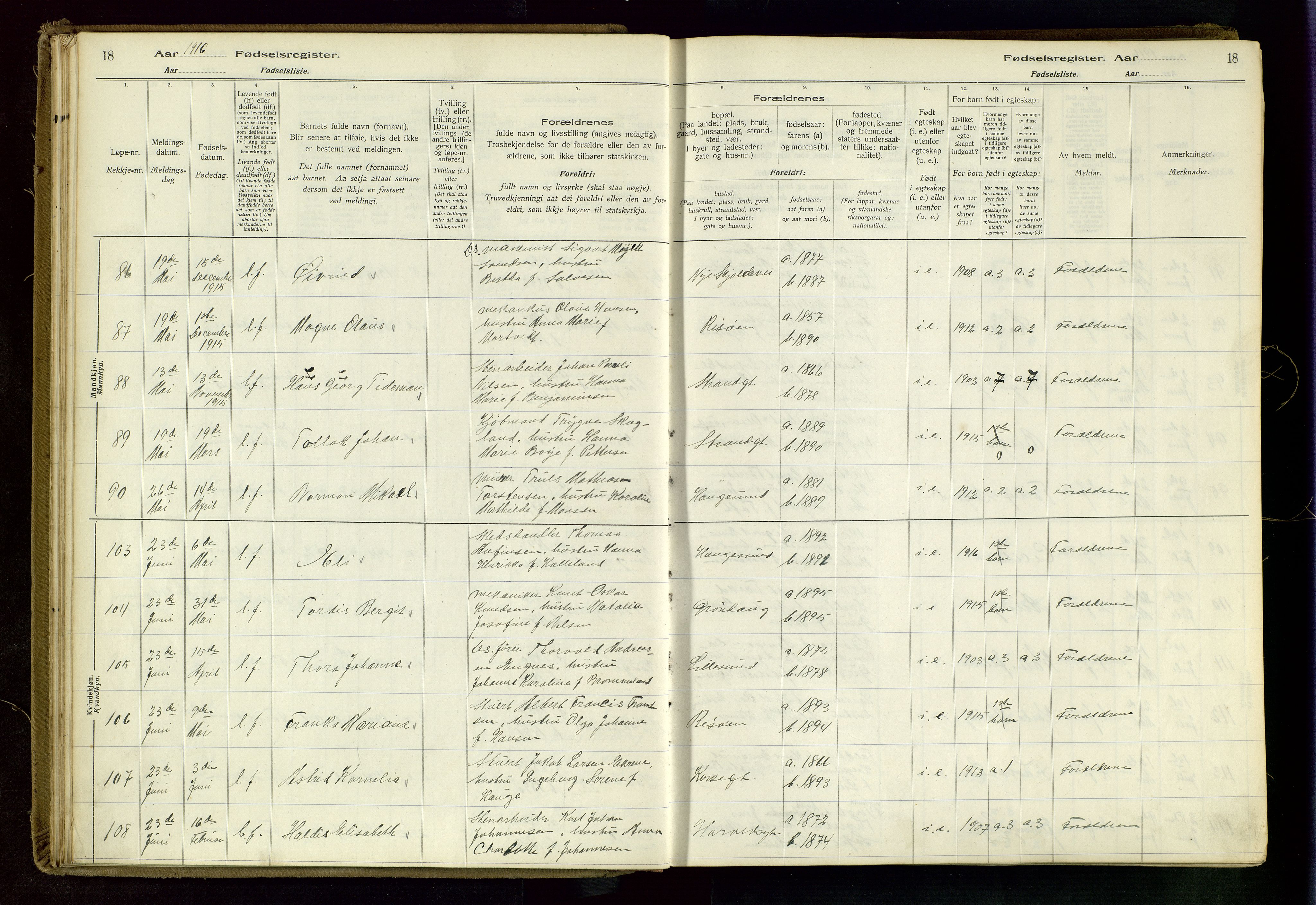 Haugesund sokneprestkontor, AV/SAST-A -101863/I/Id/L0003: Fødselsregister nr. 1, 1916-1919, s. 18