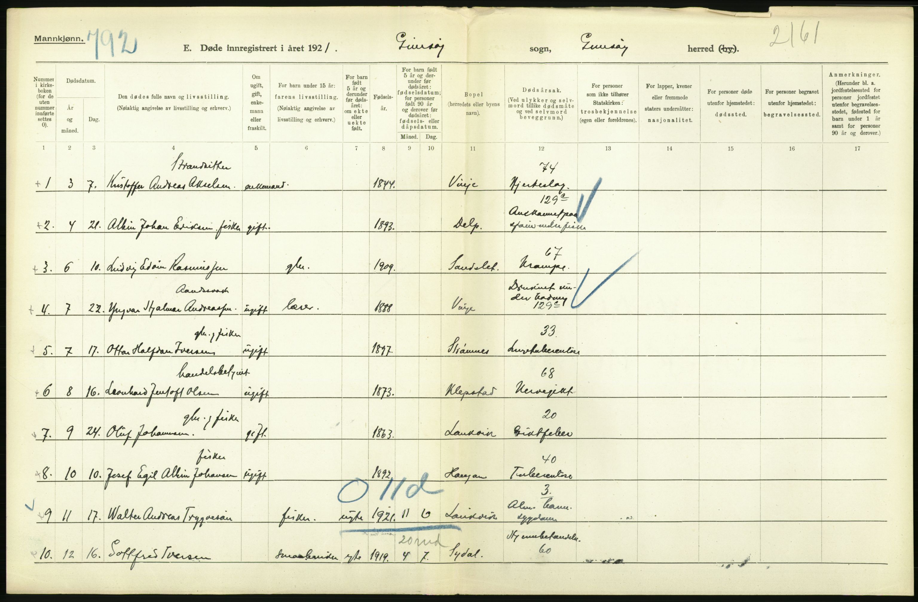 Statistisk sentralbyrå, Sosiodemografiske emner, Befolkning, AV/RA-S-2228/D/Df/Dfc/Dfca/L0051: Nordland fylke: Døde. Bygder og byer., 1921
