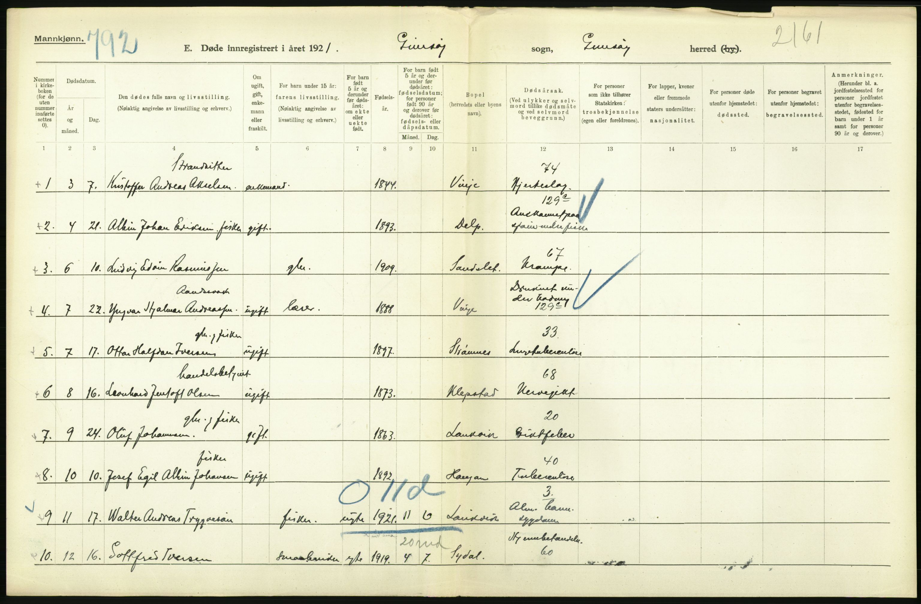 Statistisk sentralbyrå, Sosiodemografiske emner, Befolkning, RA/S-2228/D/Df/Dfc/Dfca/L0051: Nordland fylke: Døde. Bygder og byer., 1921