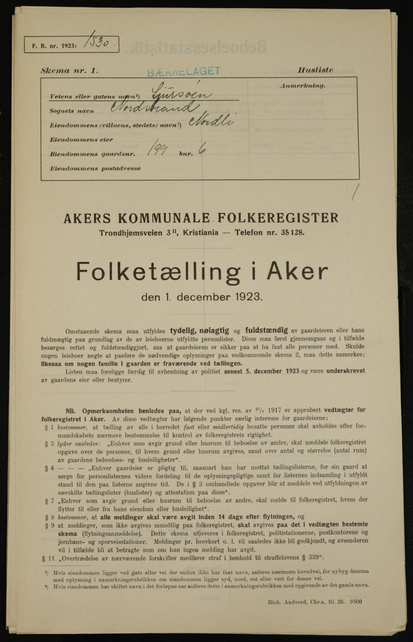 , Kommunal folketelling 1.12.1923 for Aker, 1923, s. 45327