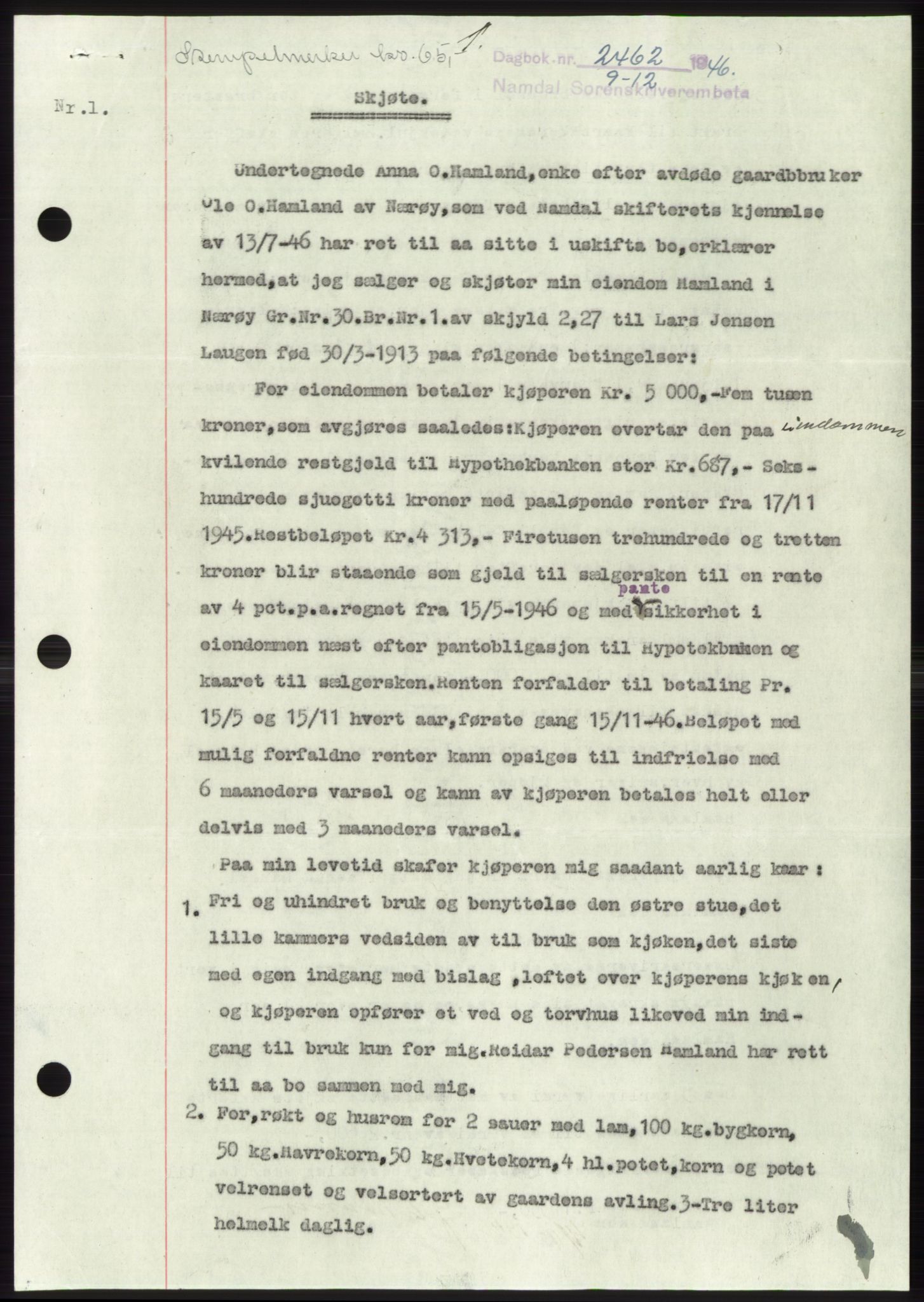 Namdal sorenskriveri, SAT/A-4133/1/2/2C: Pantebok nr. -, 1946-1947, Dagboknr: 2462/1946