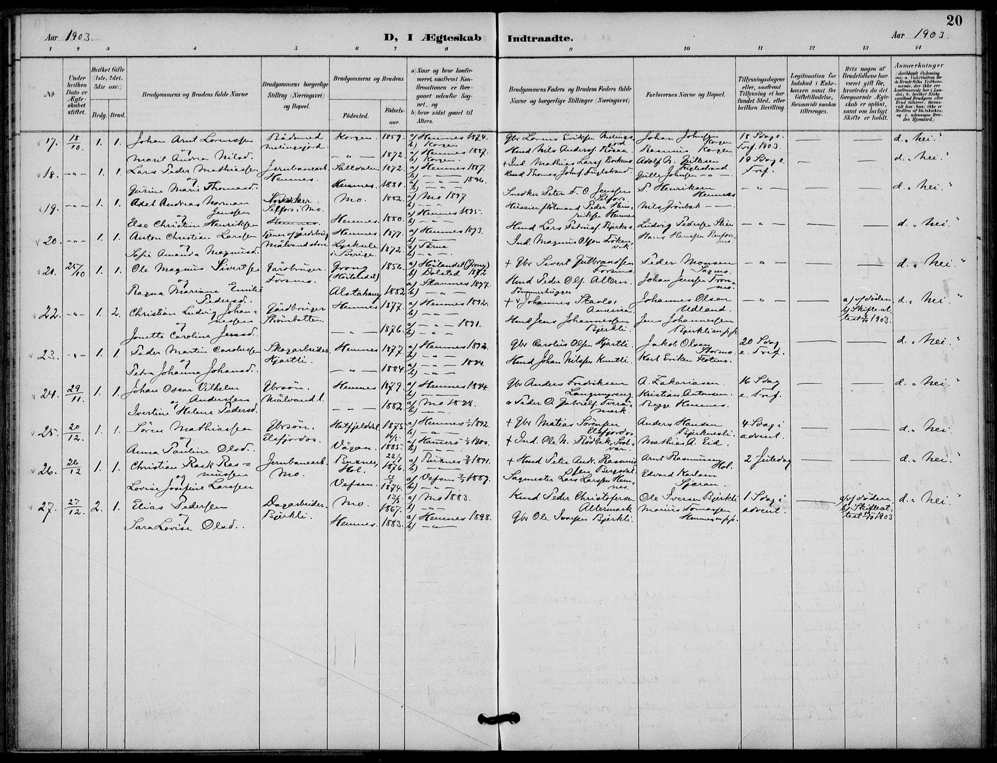 Ministerialprotokoller, klokkerbøker og fødselsregistre - Nordland, SAT/A-1459/825/L0363: Ministerialbok nr. 825A17, 1890-1909, s. 20