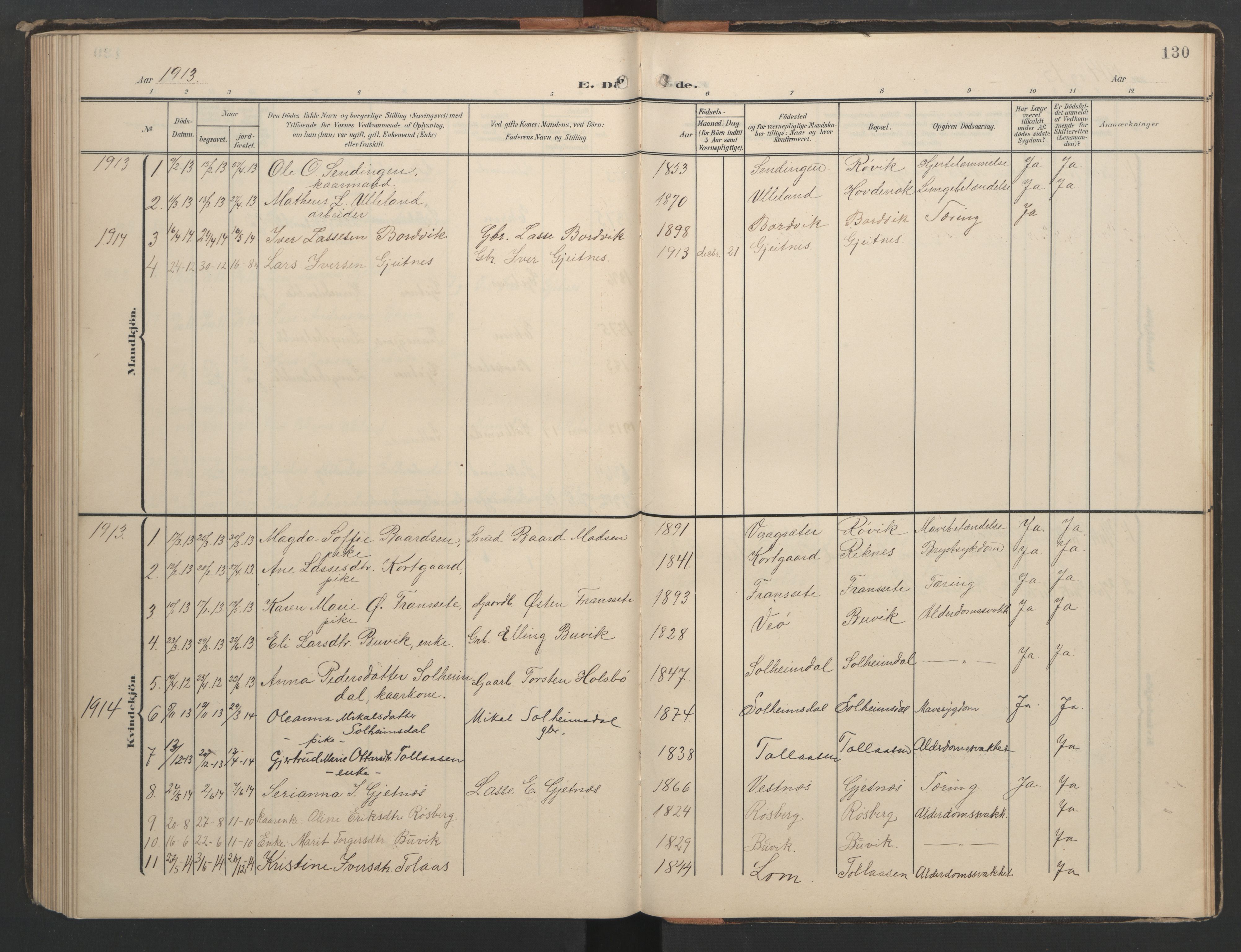 Ministerialprotokoller, klokkerbøker og fødselsregistre - Møre og Romsdal, AV/SAT-A-1454/556/L0677: Klokkerbok nr. 556C01, 1907-1953, s. 130