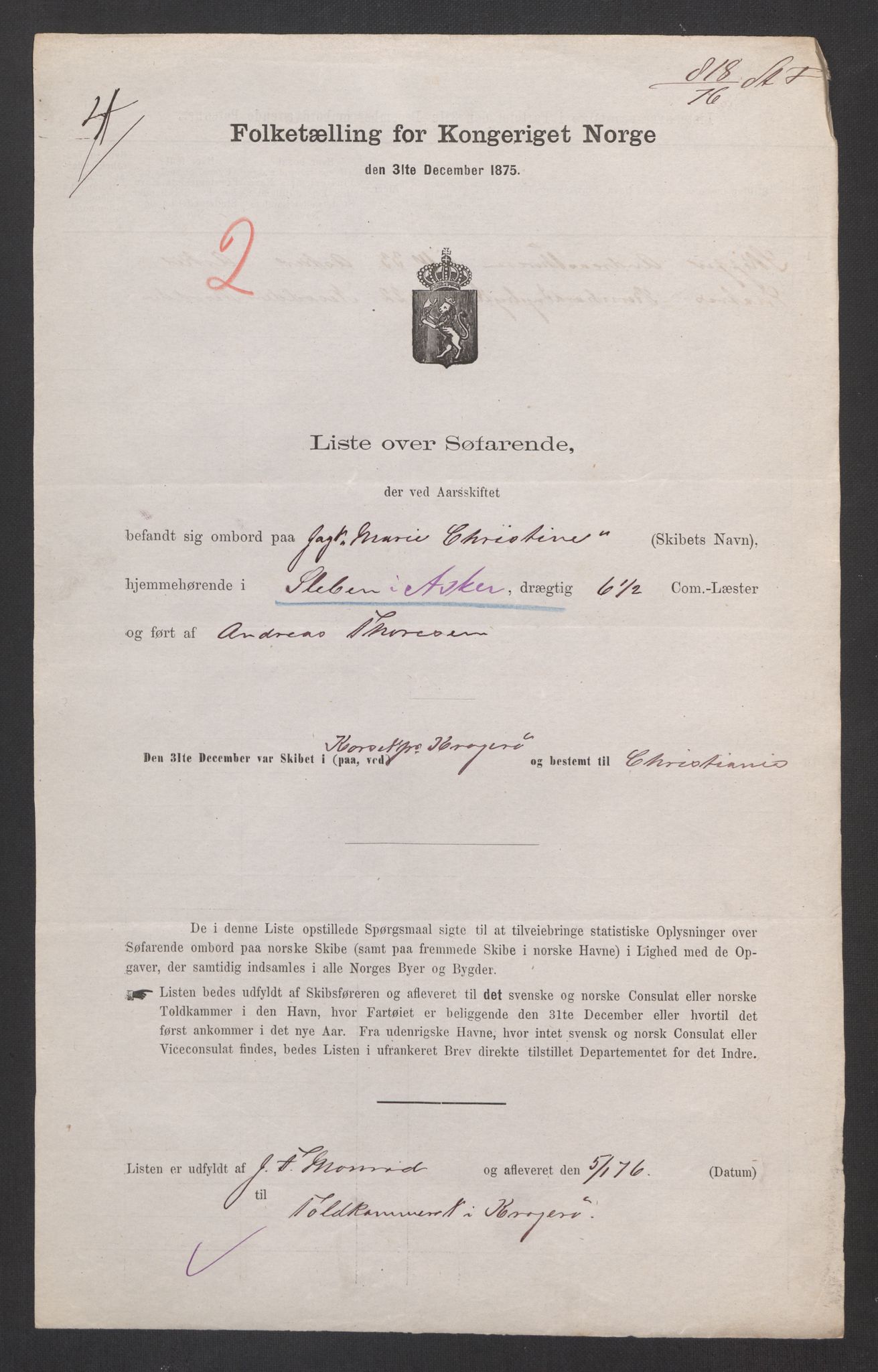 RA, Folketelling 1875, skipslister: Skip i innenrikske havner, hjemmehørende i 1) landdistrikter, 2) forskjellige steder, 3) utlandet, 1875, s. 4