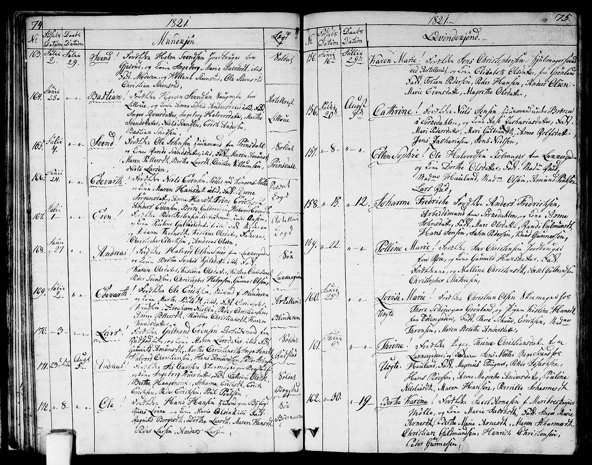 Aker prestekontor kirkebøker, AV/SAO-A-10861/G/L0004: Klokkerbok nr. 4, 1819-1829, s. 74-75