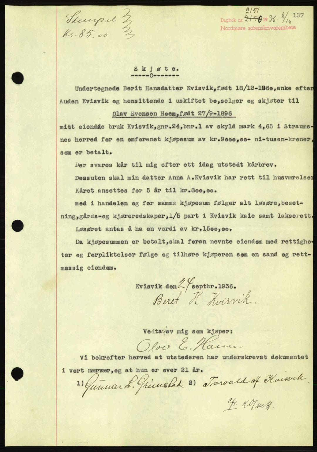 Nordmøre sorenskriveri, SAT/A-4132/1/2/2Ca: Pantebok nr. A80, 1936-1937, Dagboknr: 2151/1936