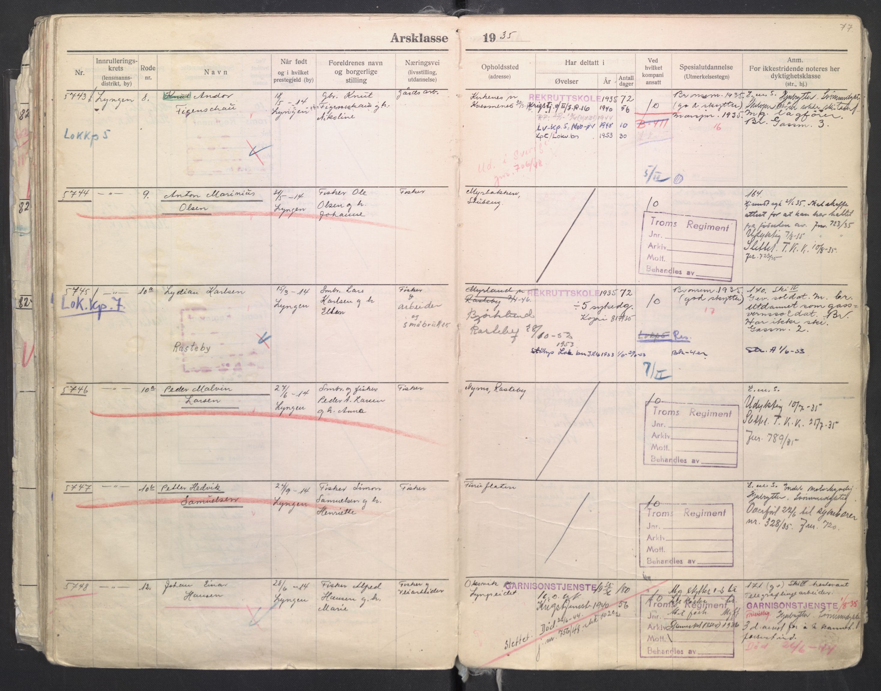 Forsvaret, Troms infanteriregiment nr. 16, AV/RA-RAFA-3146/P/Pa/L0006/0008: Ruller / Rulle for regimentets menige mannskaper, årsklasse 1935, 1935, s. 77