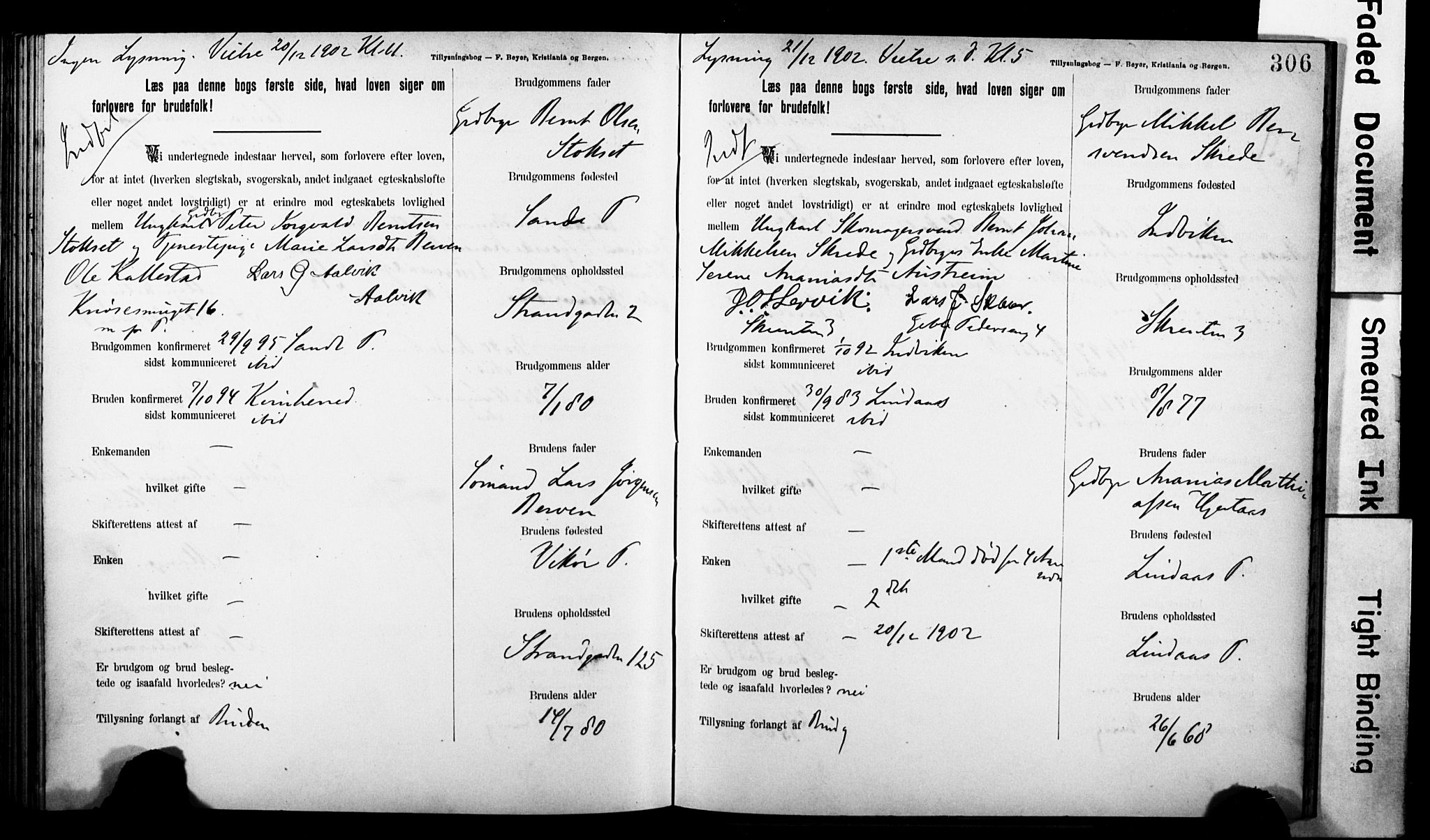 Korskirken sokneprestembete, SAB/A-76101: Forlovererklæringer nr. II.5.7, 1898-1903, s. 306