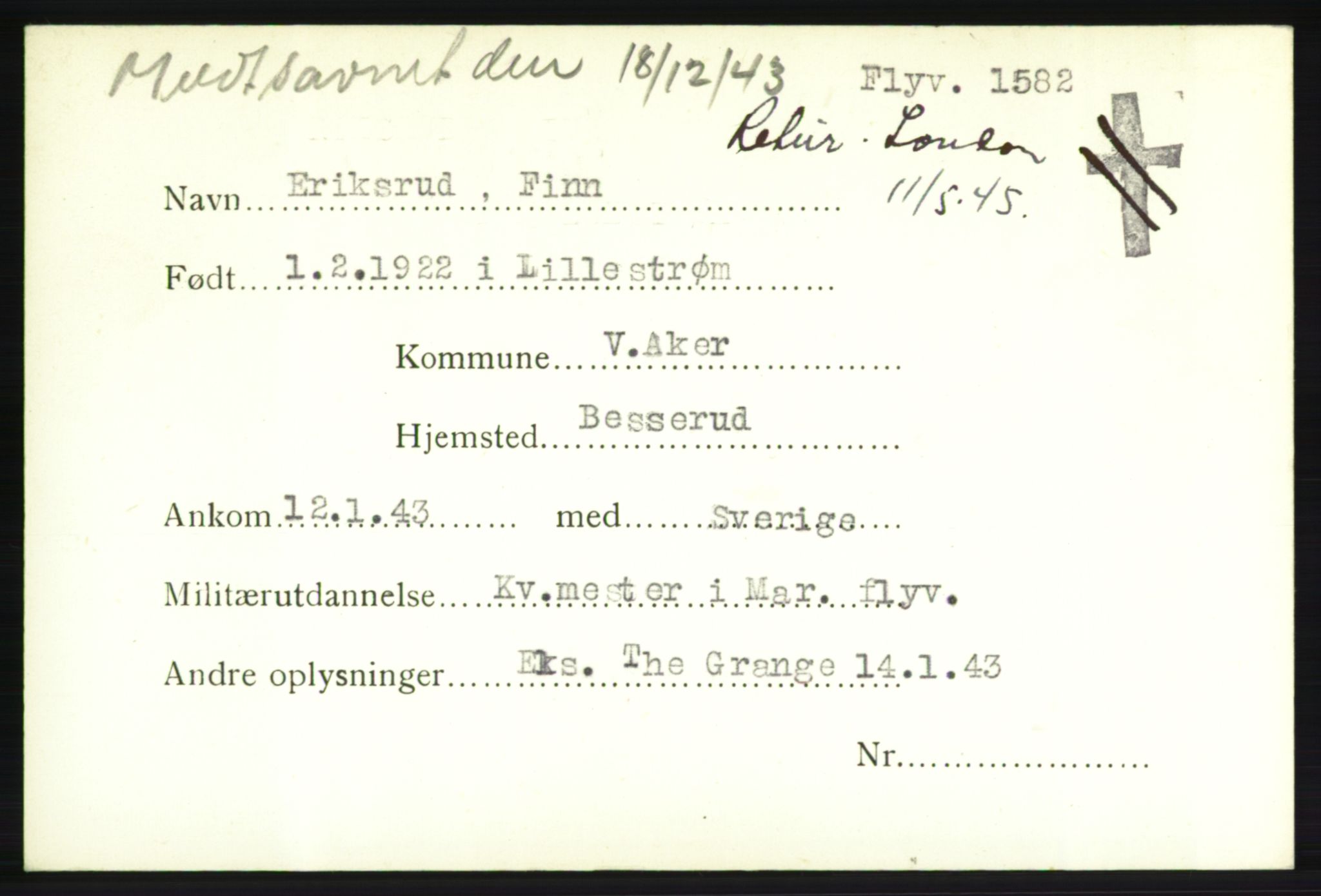 Forsvarets Overkommando. 2. kontor. Arkiv 8.1. Mottakersentralen FDE og FO.II, AV/RA-RAFA-6952/P/Pa/L0005b: Eriksen - Fjellvang, 1940-1945, s. 103