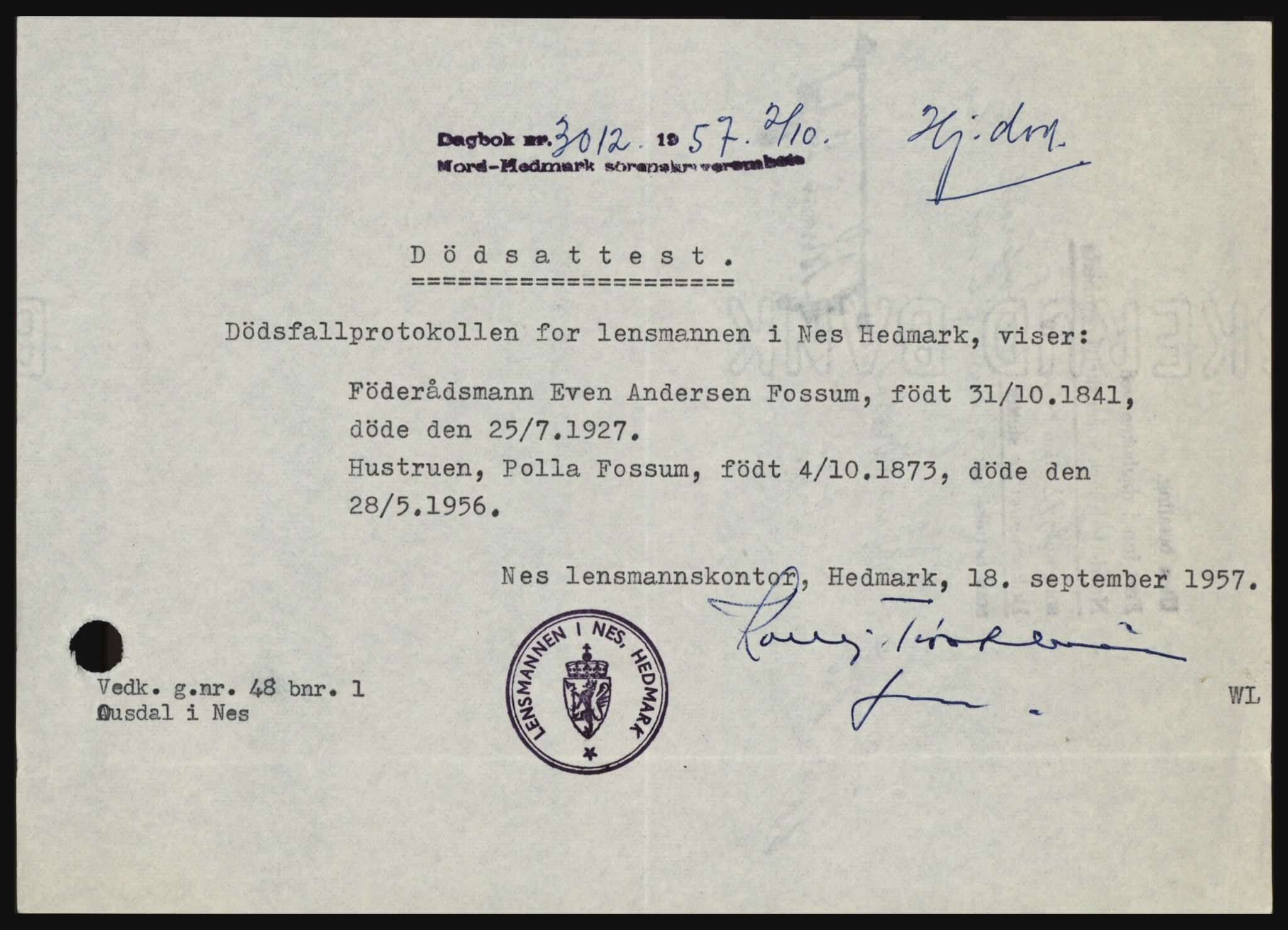 Nord-Hedmark sorenskriveri, SAH/TING-012/H/Hc/L0011: Pantebok nr. 11, 1956-1957, Dagboknr: 3012/1957