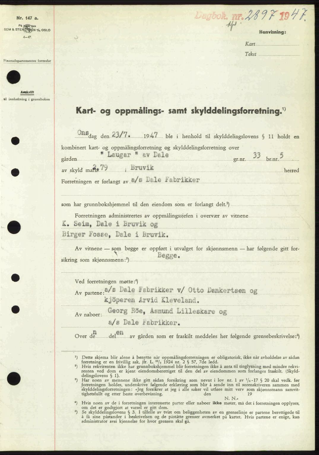 Nordhordland sorenskrivar, SAB/A-2901/1/G/Gb/Gbf/L0032: Pantebok nr. A32, 1947-1947, Dagboknr: 2897/1947