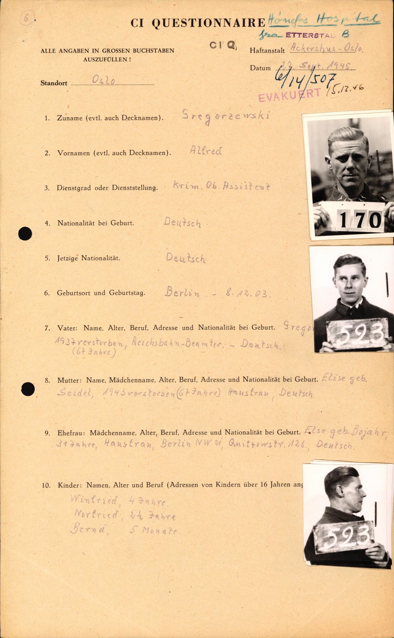 Forsvaret, Forsvarets overkommando II, RA/RAFA-3915/D/Db/L0010: CI Questionaires. Tyske okkupasjonsstyrker i Norge. Tyskere., 1945-1946, s. 145