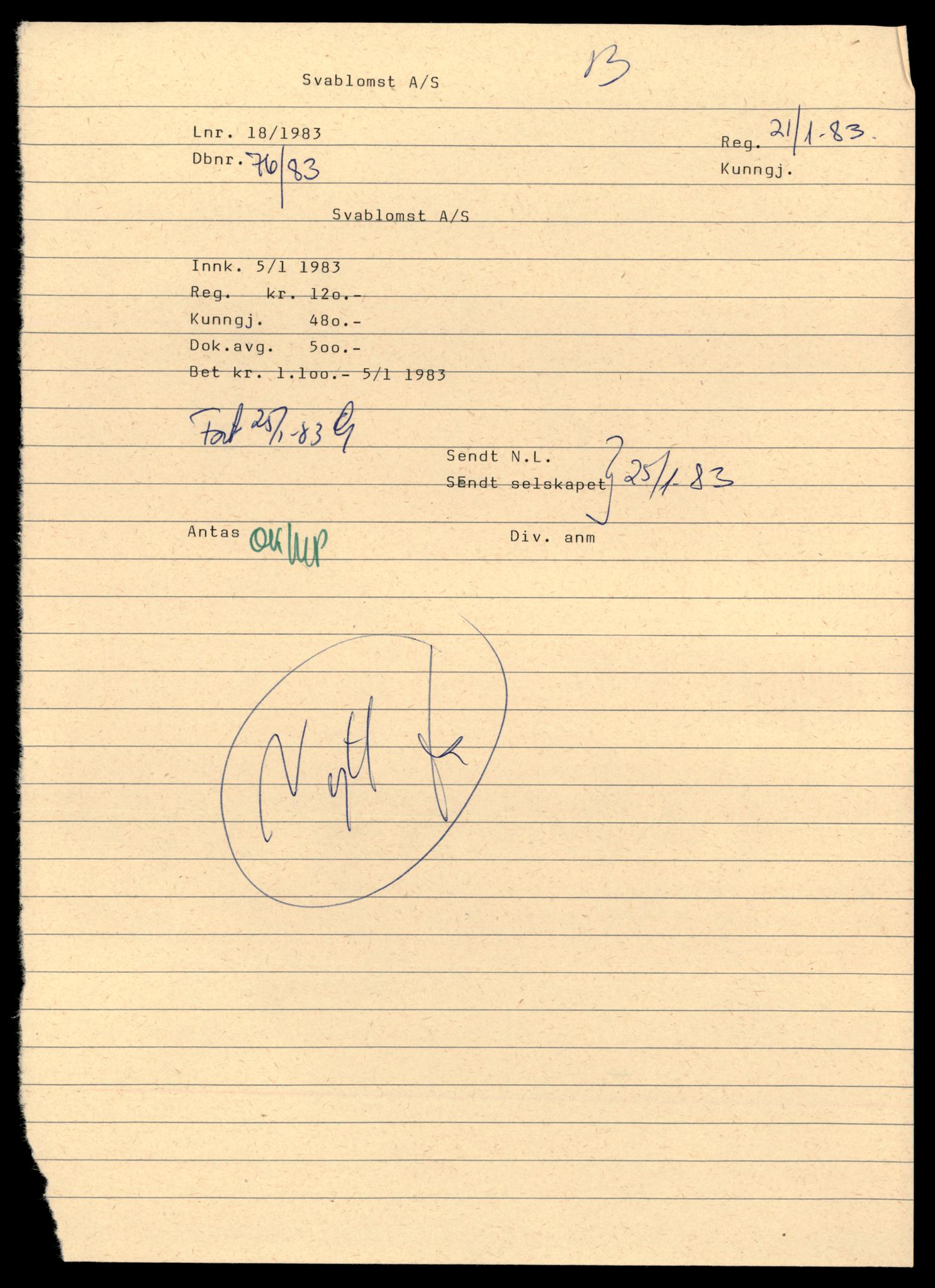 Asker og Bærum tingrett, AV/SAT-A-10379/K/Kb/Kbb/L0038: Aksjeselskap og andelslag i Asker, Sv - Tel, 1958-1989, s. 1