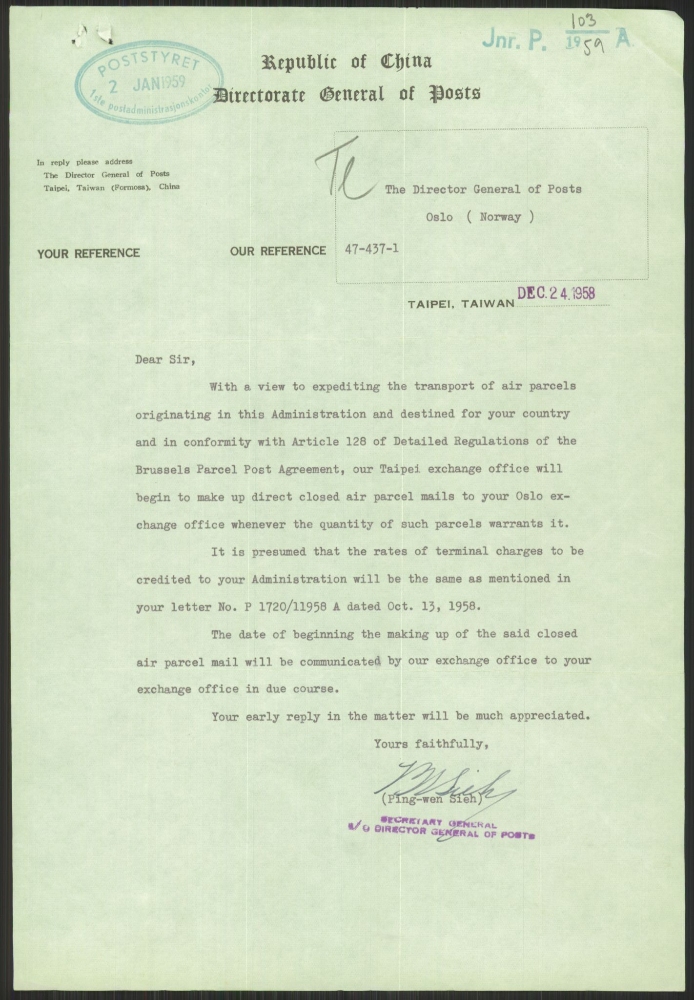 Postdirektoratet, Administrasjonsservice (TSA), RA/S-4783/D/L0095/0002: De forskjellige tjenestegrener / Luftpakkepost, 1947-1965, s. 623