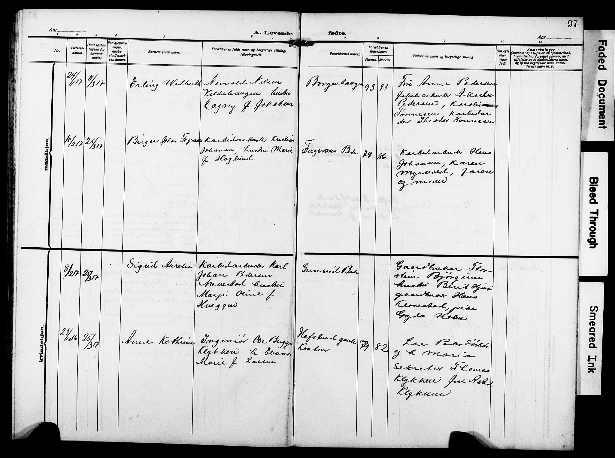 Skjeberg prestekontor Kirkebøker, AV/SAO-A-10923/G/Gd/L0001: Klokkerbok nr. IV 1, 1907-1917, s. 97