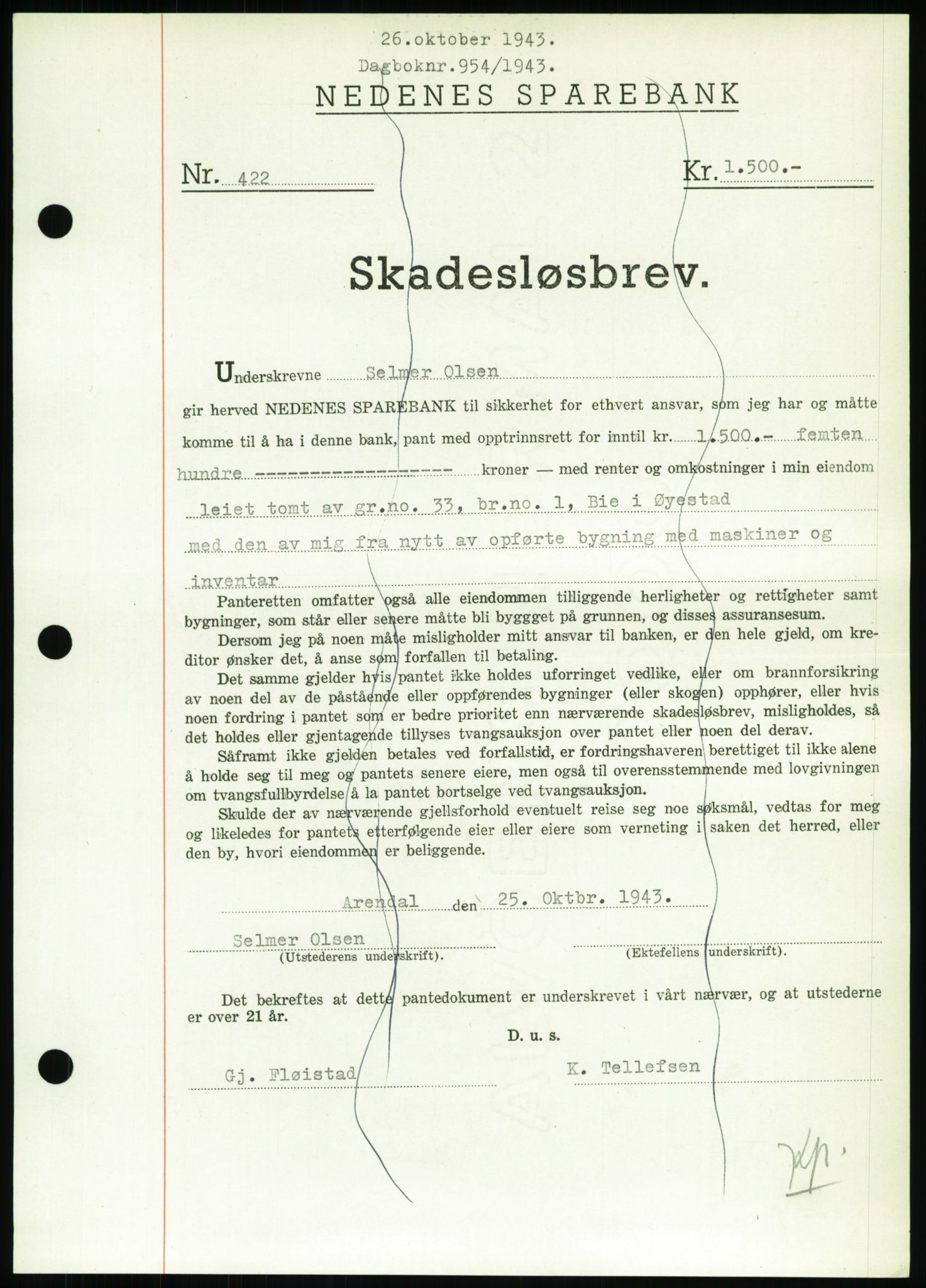 Nedenes sorenskriveri, SAK/1221-0006/G/Gb/Gbb/L0002: Pantebok nr. II, 1942-1945, Dagboknr: 954/1943