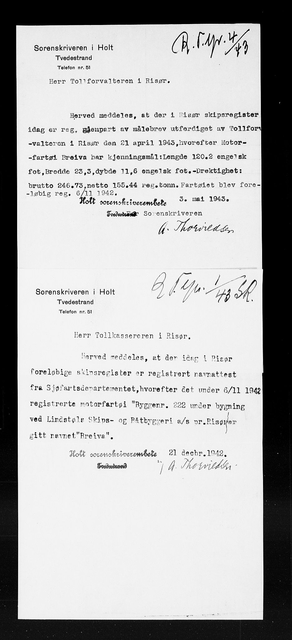 Risør tollsted, SAK/1351-0010/H/Ha/L0320: Skipsregisteret. Journalsaker, 1861-1957, s. 352