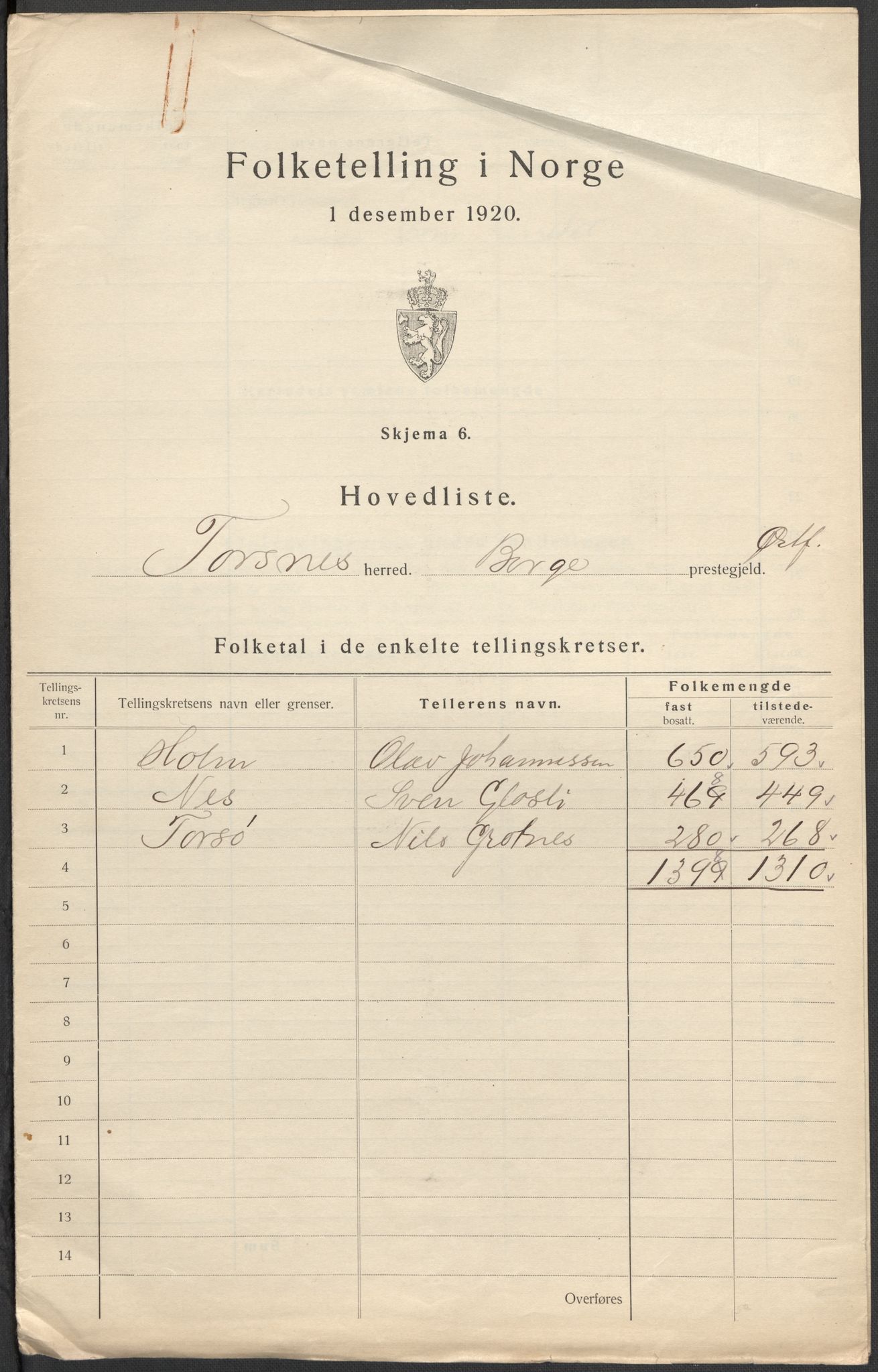 SAO, Folketelling 1920 for 0112 Torsnes herred, 1920, s. 6