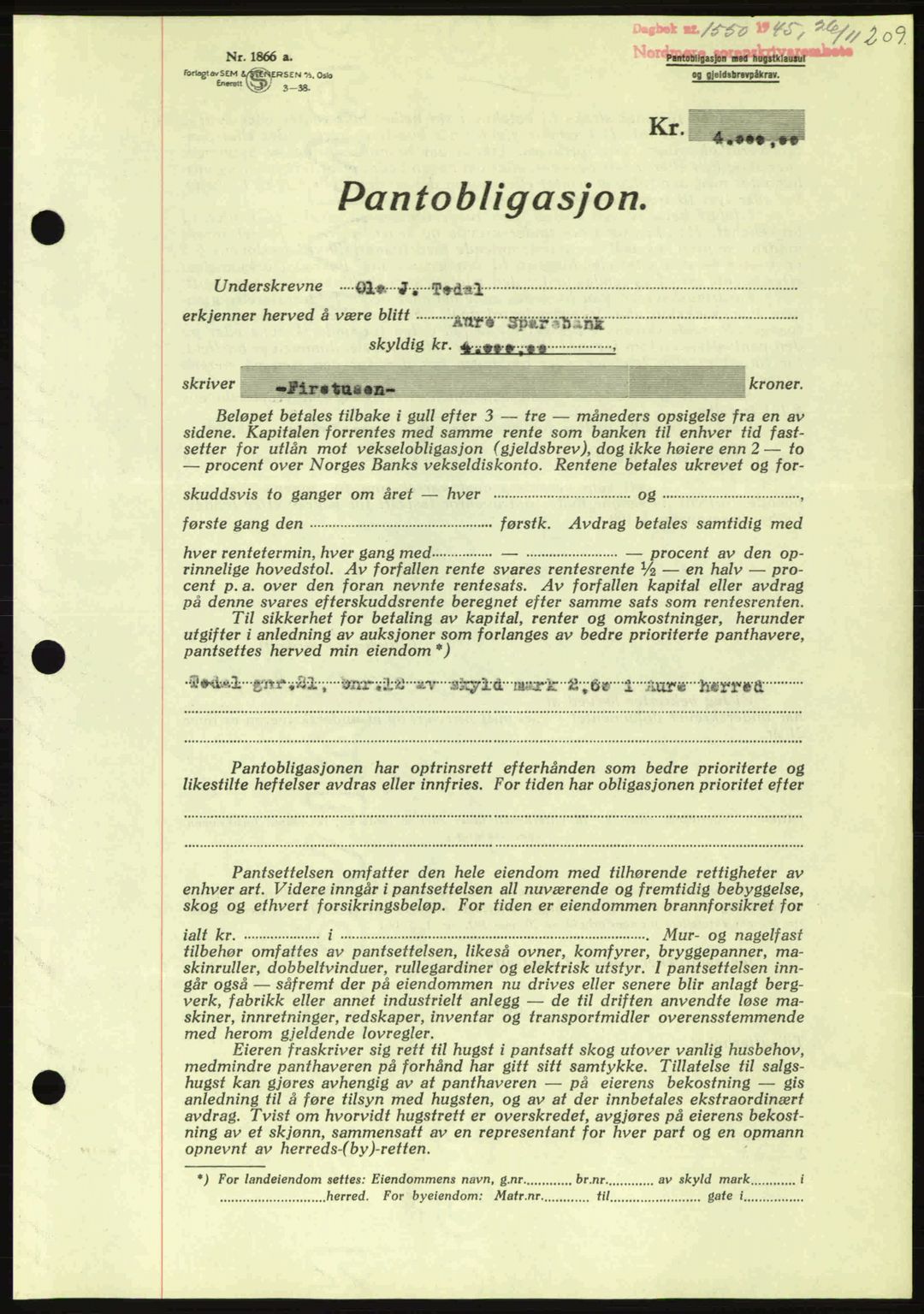 Nordmøre sorenskriveri, AV/SAT-A-4132/1/2/2Ca: Pantebok nr. B93a, 1945-1945, Dagboknr: 1550/1945