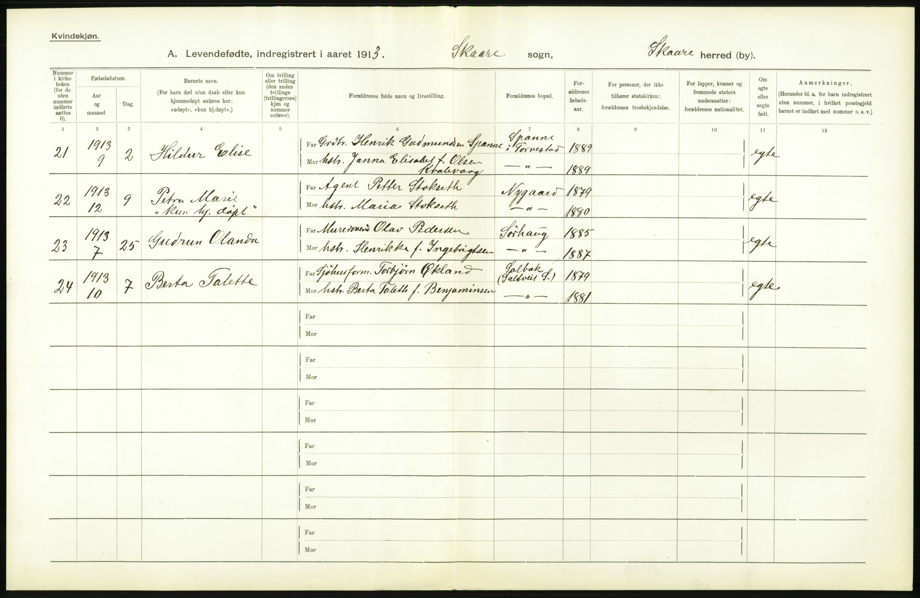 Statistisk sentralbyrå, Sosiodemografiske emner, Befolkning, AV/RA-S-2228/D/Df/Dfb/Dfbc/L0025: Stavanger amt: Levendefødte menn og kvinner. Bygder., 1913, s. 80