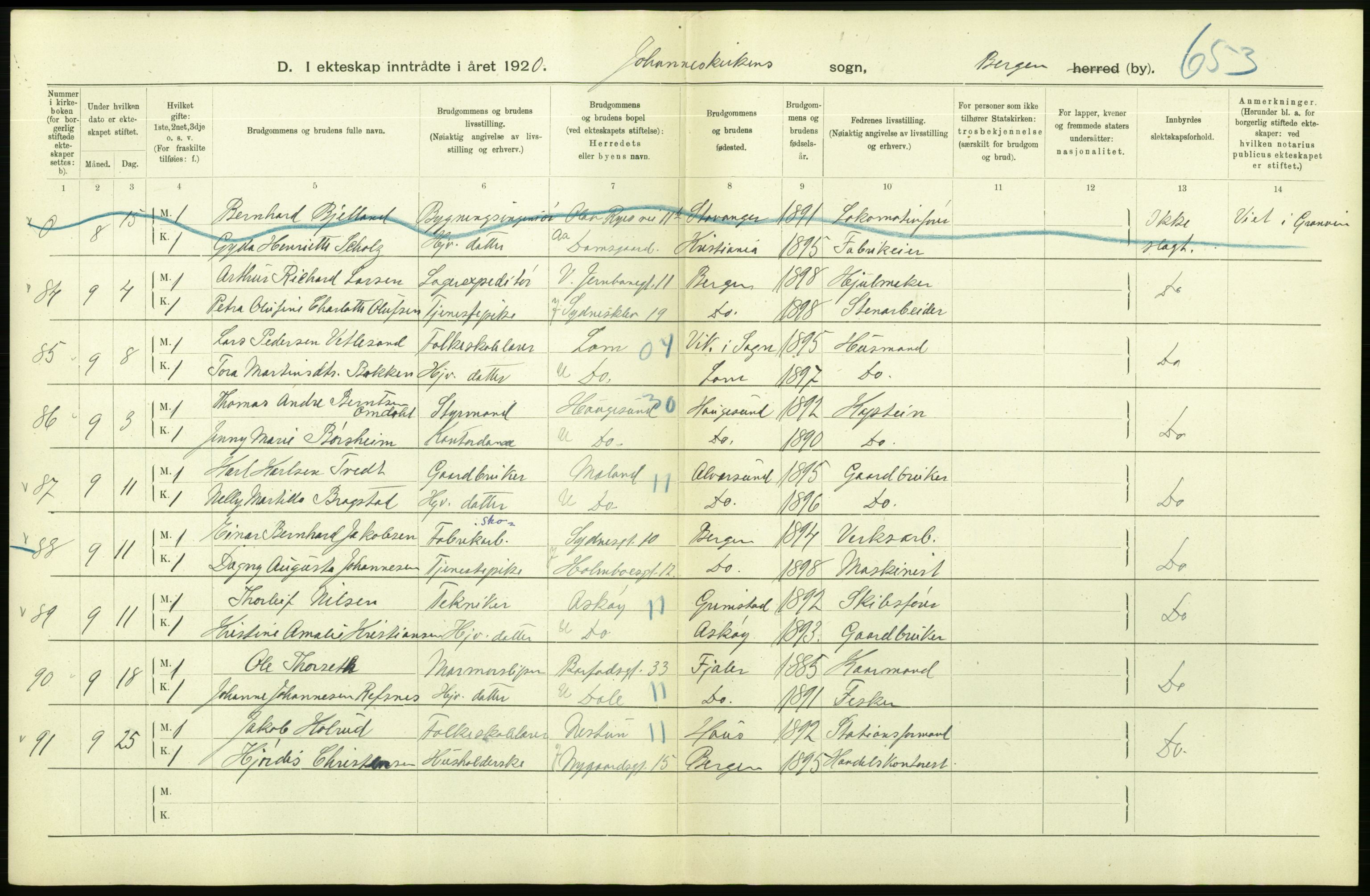 Statistisk sentralbyrå, Sosiodemografiske emner, Befolkning, AV/RA-S-2228/D/Df/Dfb/Dfbj/L0042: Bergen: Gifte, døde, dødfødte., 1920, s. 164