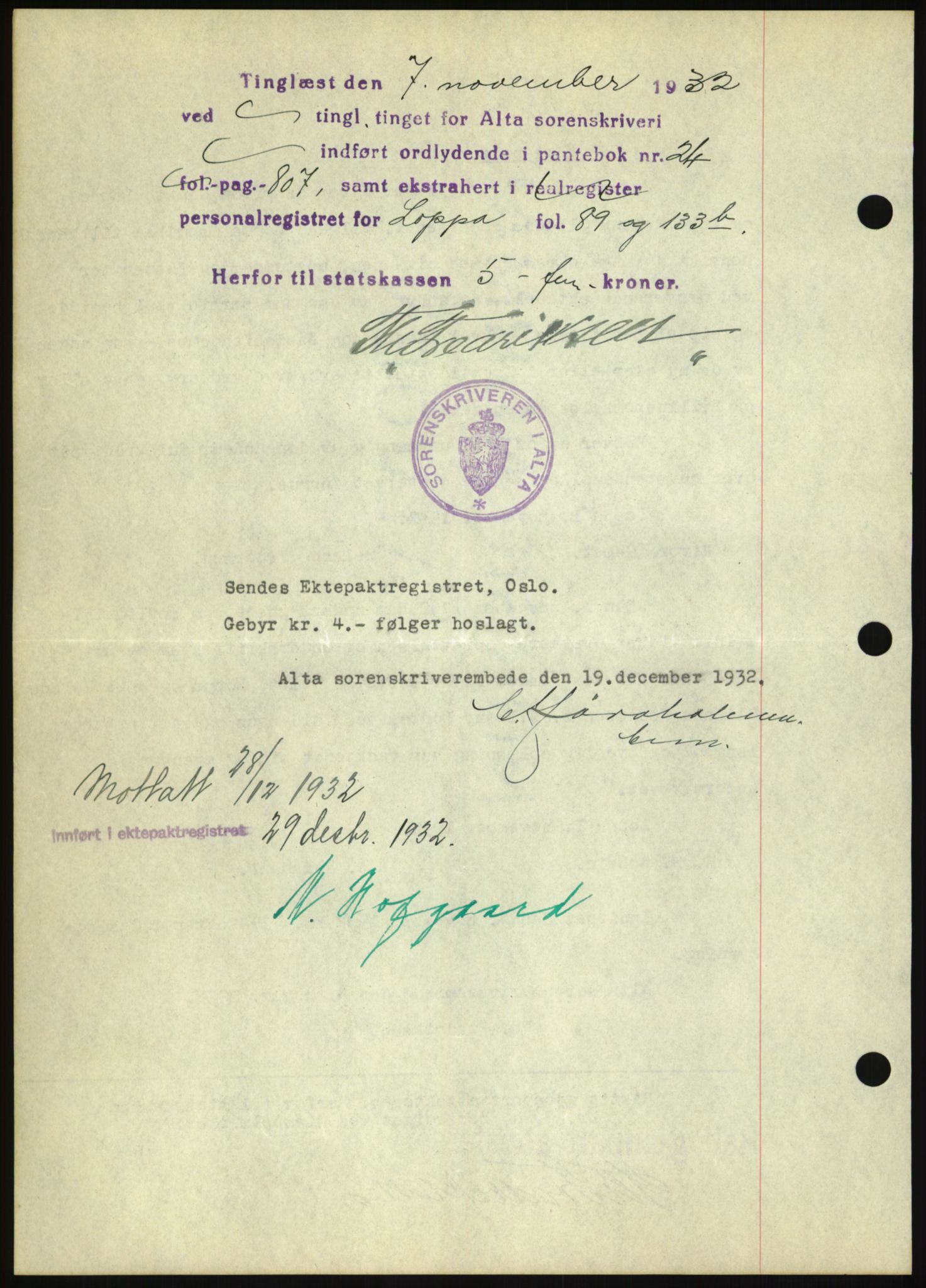 Oslo byskriverembete, AV/SAO-A-10227/2/G/Gb/L0072: Tinglyste ektepakter, Finnmark, bind 1, 1928-1950