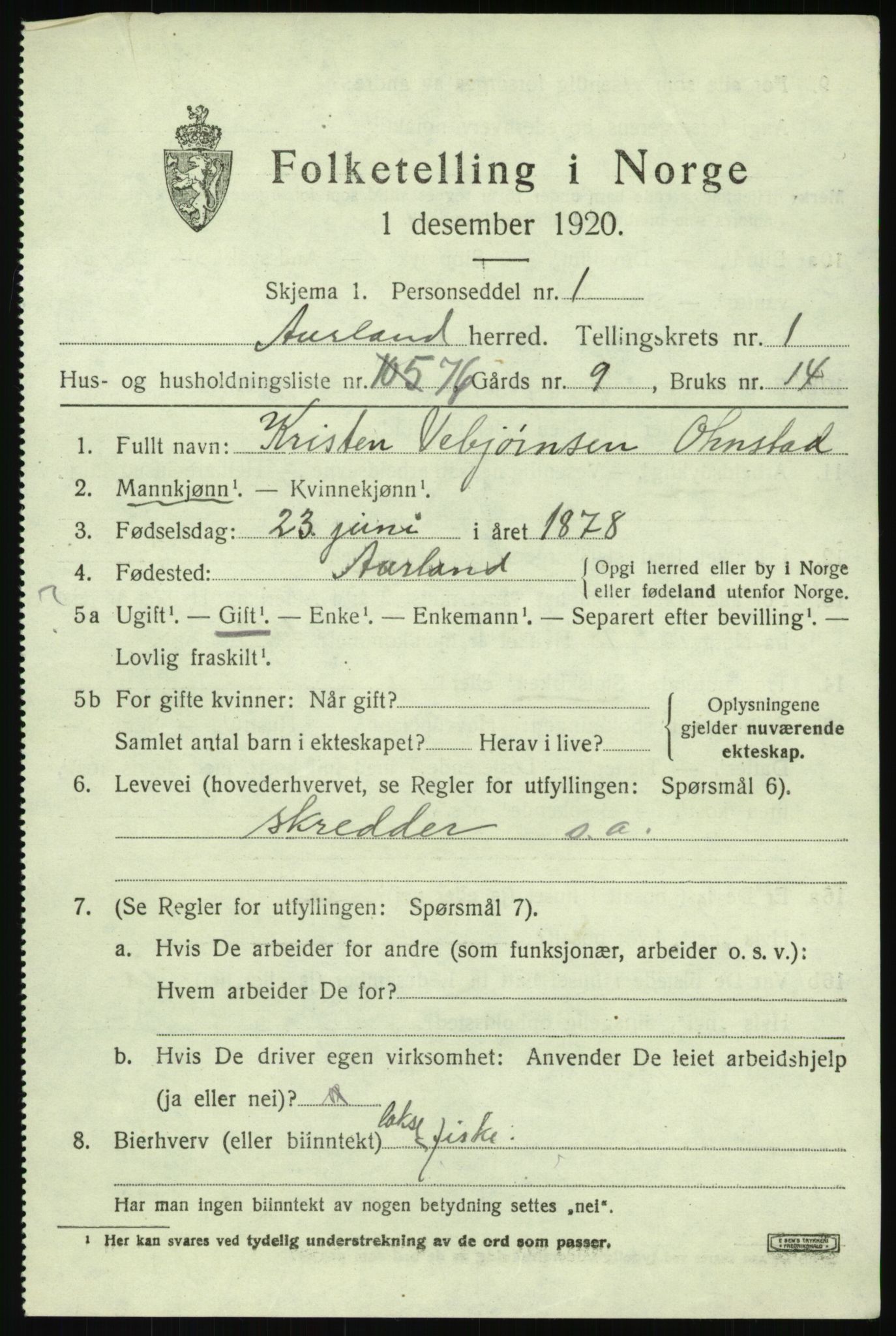 SAB, Folketelling 1920 for 1421 Aurland herred, 1920, s. 1812