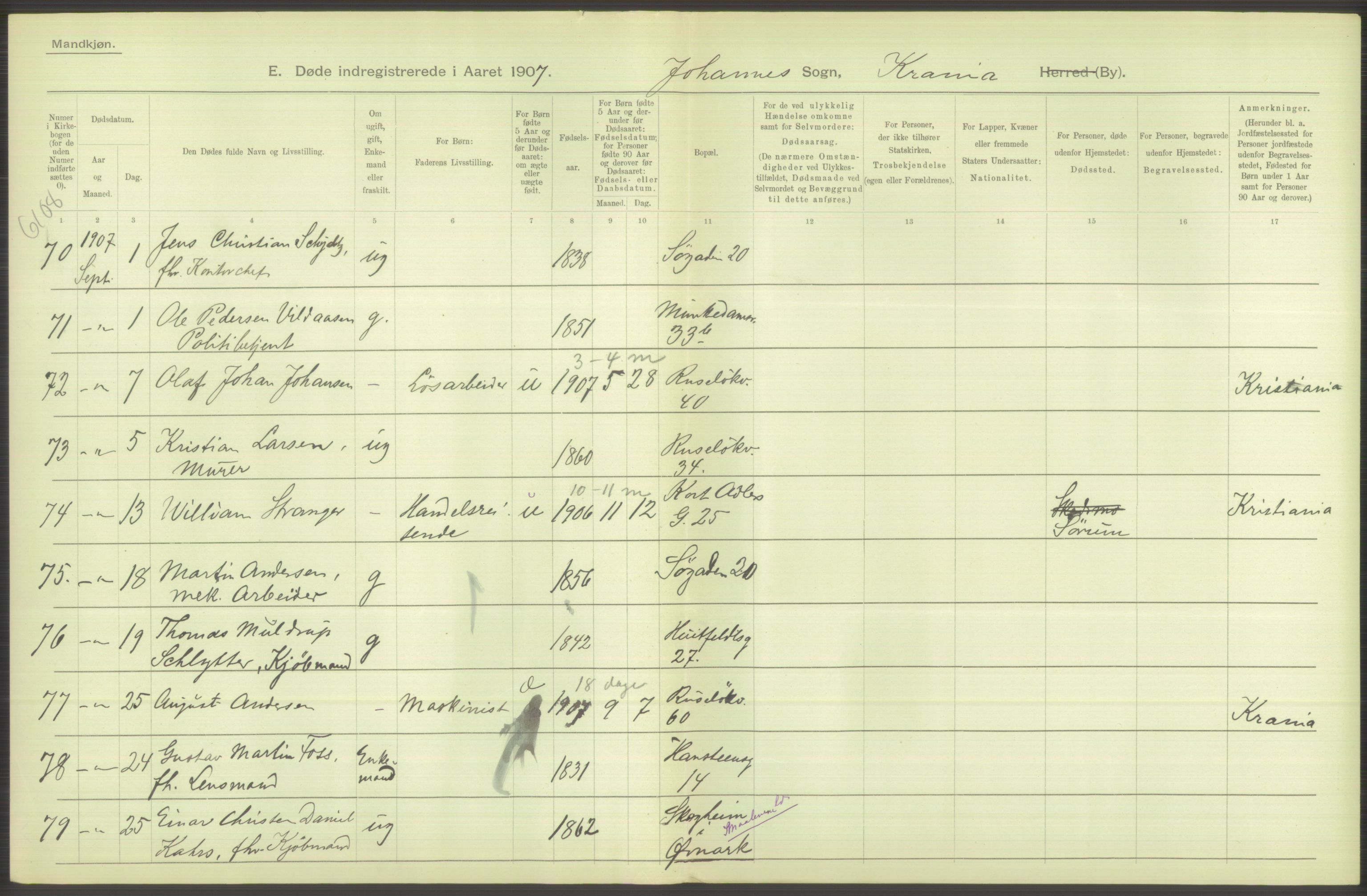 Statistisk sentralbyrå, Sosiodemografiske emner, Befolkning, AV/RA-S-2228/D/Df/Dfa/Dfae/L0010: Kristiania: Døde, dødfødte, 1907, s. 442