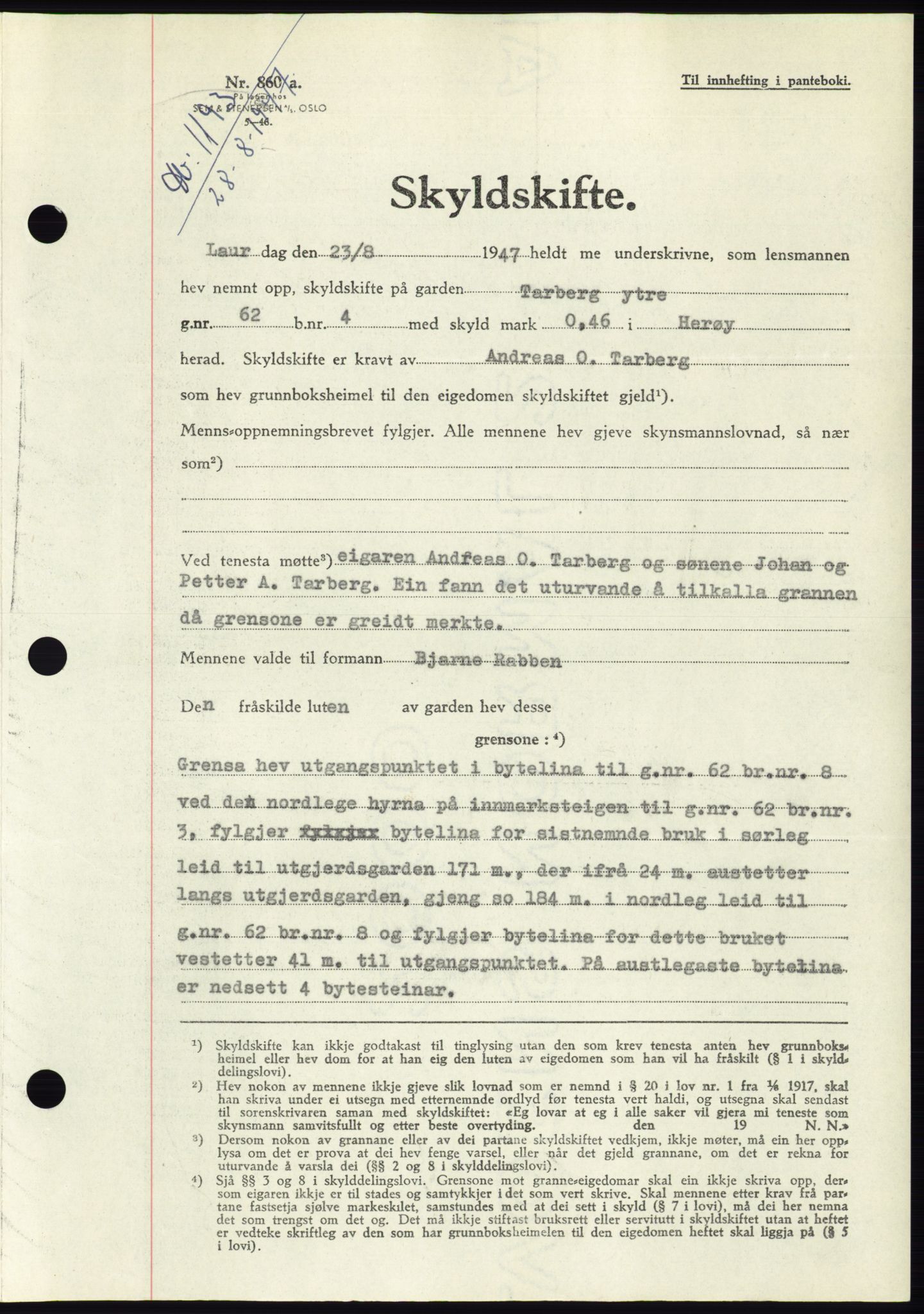 Søre Sunnmøre sorenskriveri, SAT/A-4122/1/2/2C/L0081: Pantebok nr. 7A, 1947-1948, Dagboknr: 1193/1947