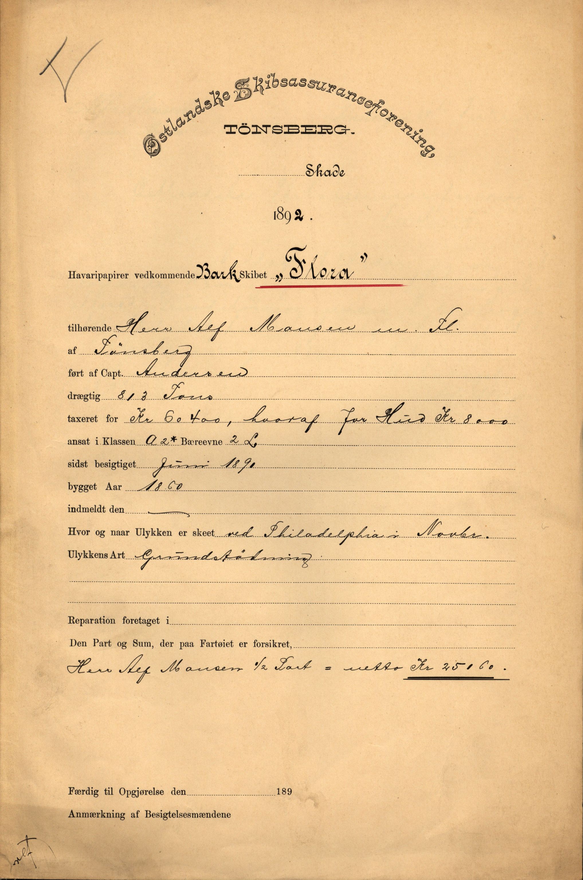 Pa 63 - Østlandske skibsassuranceforening, VEMU/A-1079/G/Ga/L0029/0007: Havaridokumenter / Diamant, Foldin, Aise, Florida, Flora, 1892, s. 132