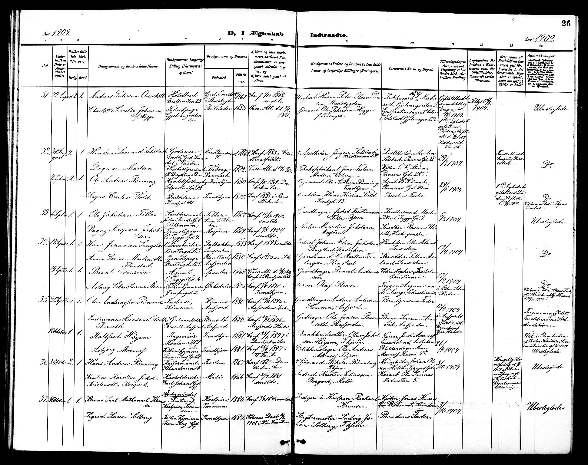 Ministerialprotokoller, klokkerbøker og fødselsregistre - Sør-Trøndelag, AV/SAT-A-1456/602/L0145: Klokkerbok nr. 602C13, 1902-1919, s. 26