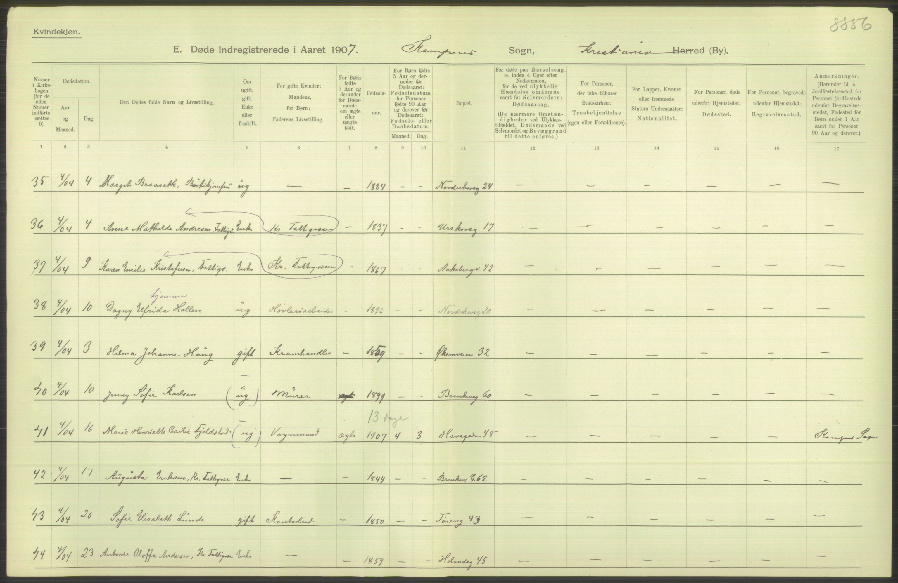 Statistisk sentralbyrå, Sosiodemografiske emner, Befolkning, AV/RA-S-2228/D/Df/Dfa/Dfae/L0009: Kristiania: Døde, 1907, s. 486