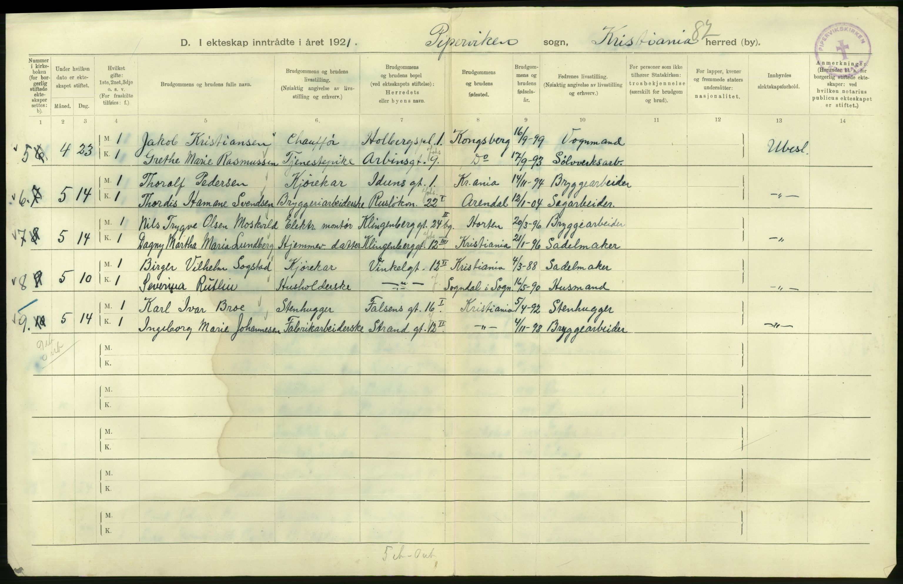 Statistisk sentralbyrå, Sosiodemografiske emner, Befolkning, RA/S-2228/D/Df/Dfc/Dfca/L0011: Kristiania: Gifte, 1921, s. 864