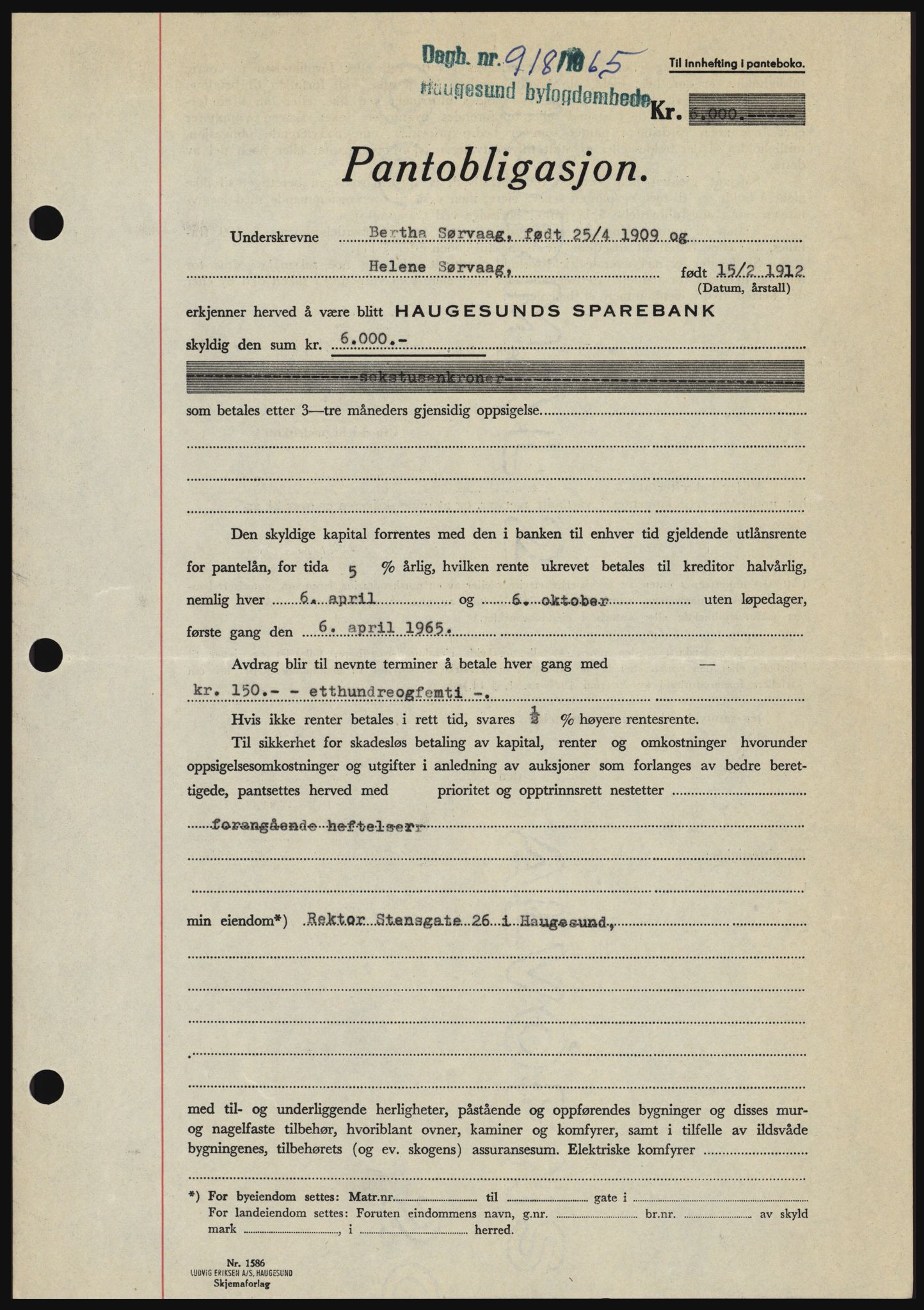 Haugesund tingrett, SAST/A-101415/01/II/IIC/L0053: Pantebok nr. B 53, 1965-1965, Dagboknr: 918/1965