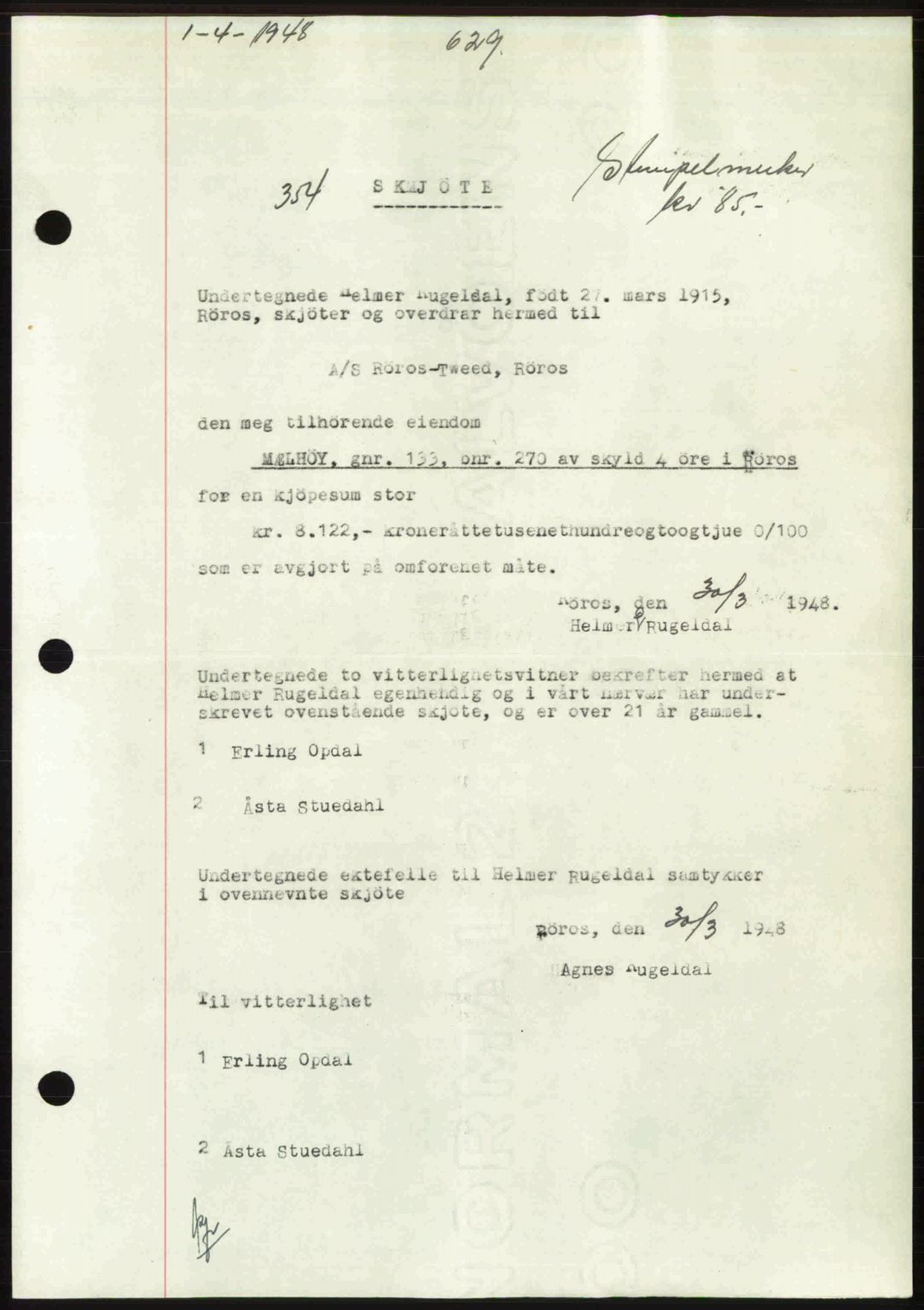Gauldal sorenskriveri, SAT/A-0014/1/2/2C: Pantebok nr. A5, 1947-1948, Dagboknr: 354/1948