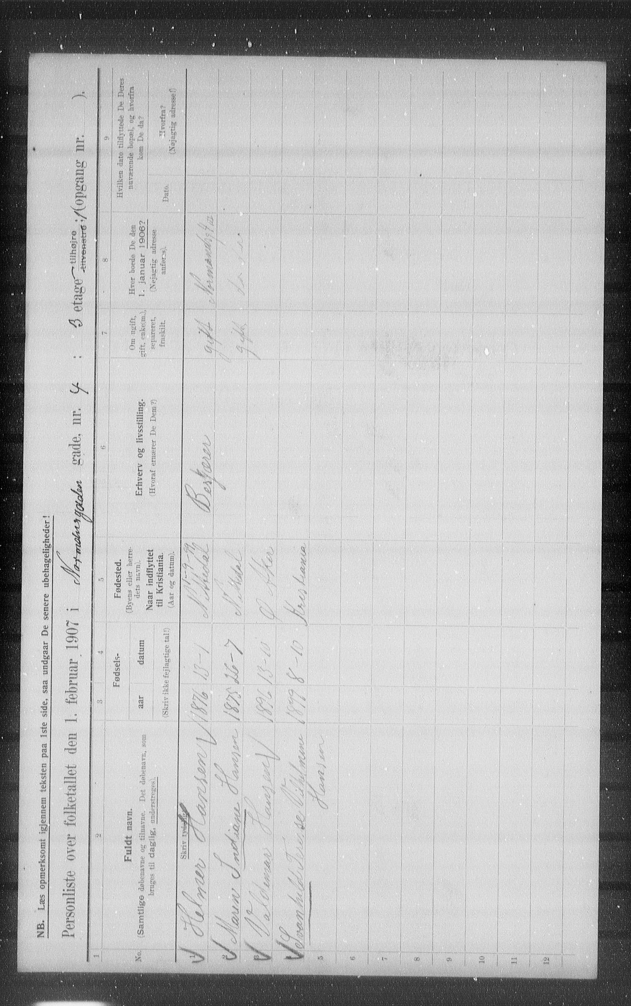 OBA, Kommunal folketelling 1.2.1907 for Kristiania kjøpstad, 1907, s. 37663