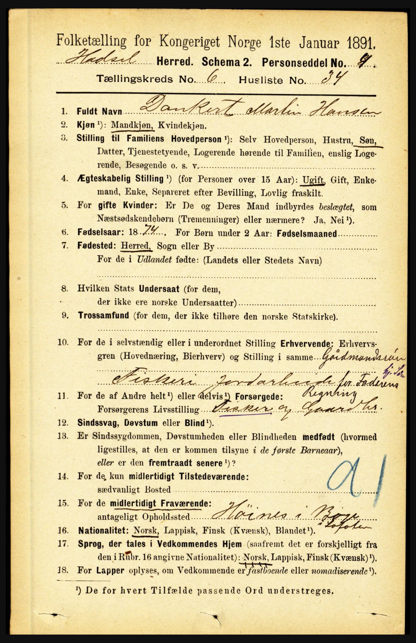 RA, Folketelling 1891 for 1866 Hadsel herred, 1891, s. 2879