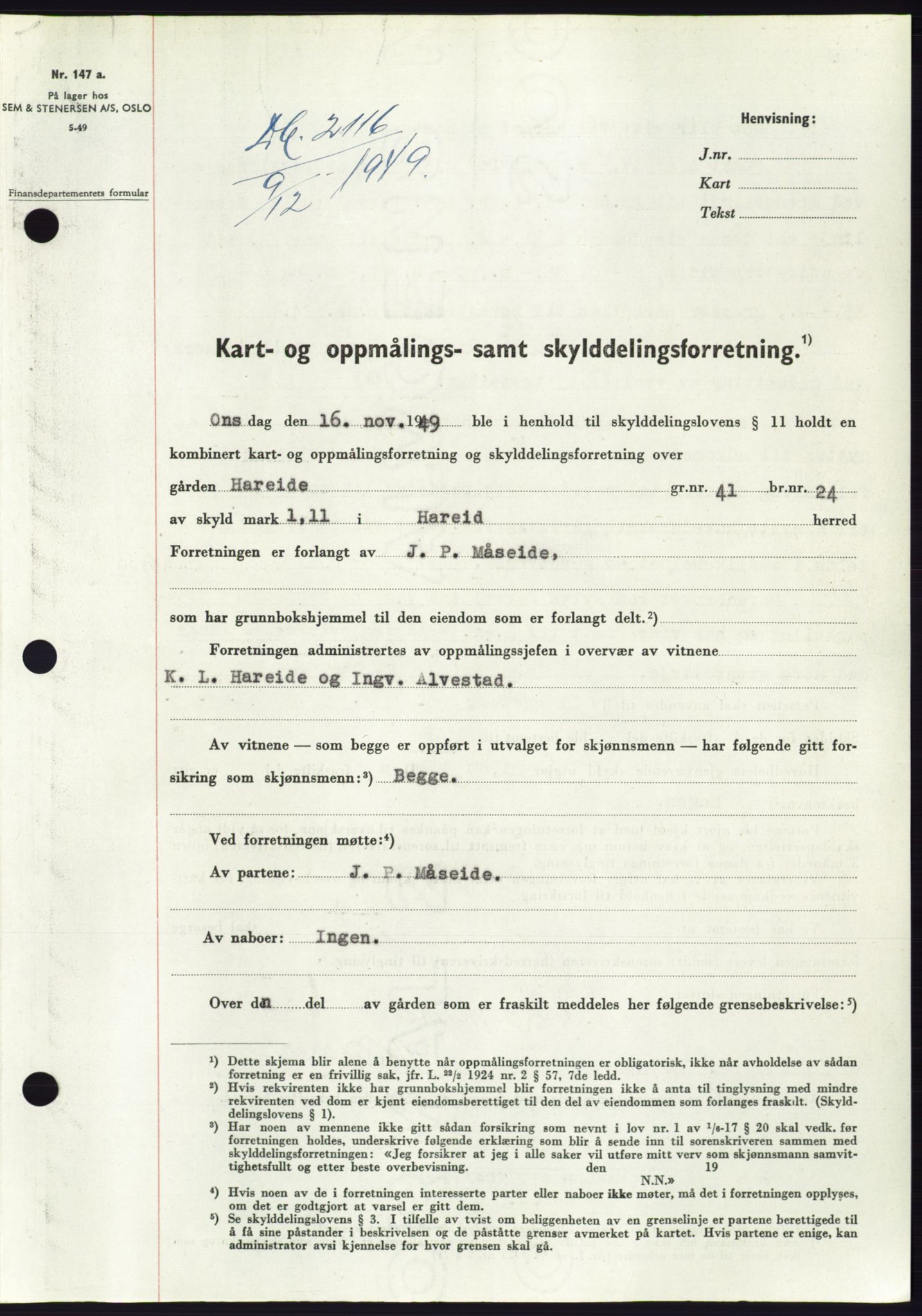 Søre Sunnmøre sorenskriveri, SAT/A-4122/1/2/2C/L0085: Pantebok nr. 11A, 1949-1949, Dagboknr: 2116/1949