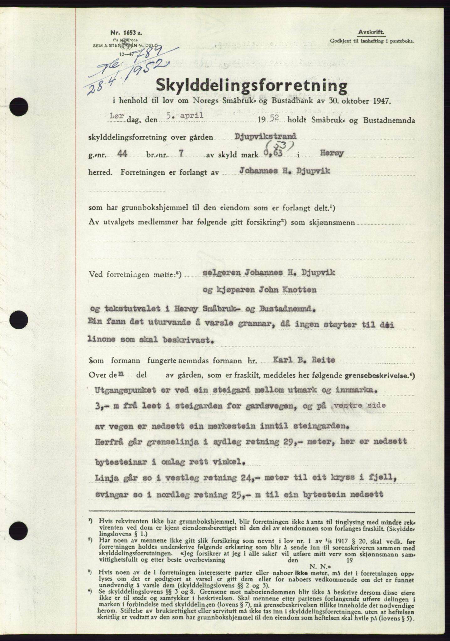 Søre Sunnmøre sorenskriveri, AV/SAT-A-4122/1/2/2C/L0092: Pantebok nr. 18A, 1952-1952, Dagboknr: 789/1952