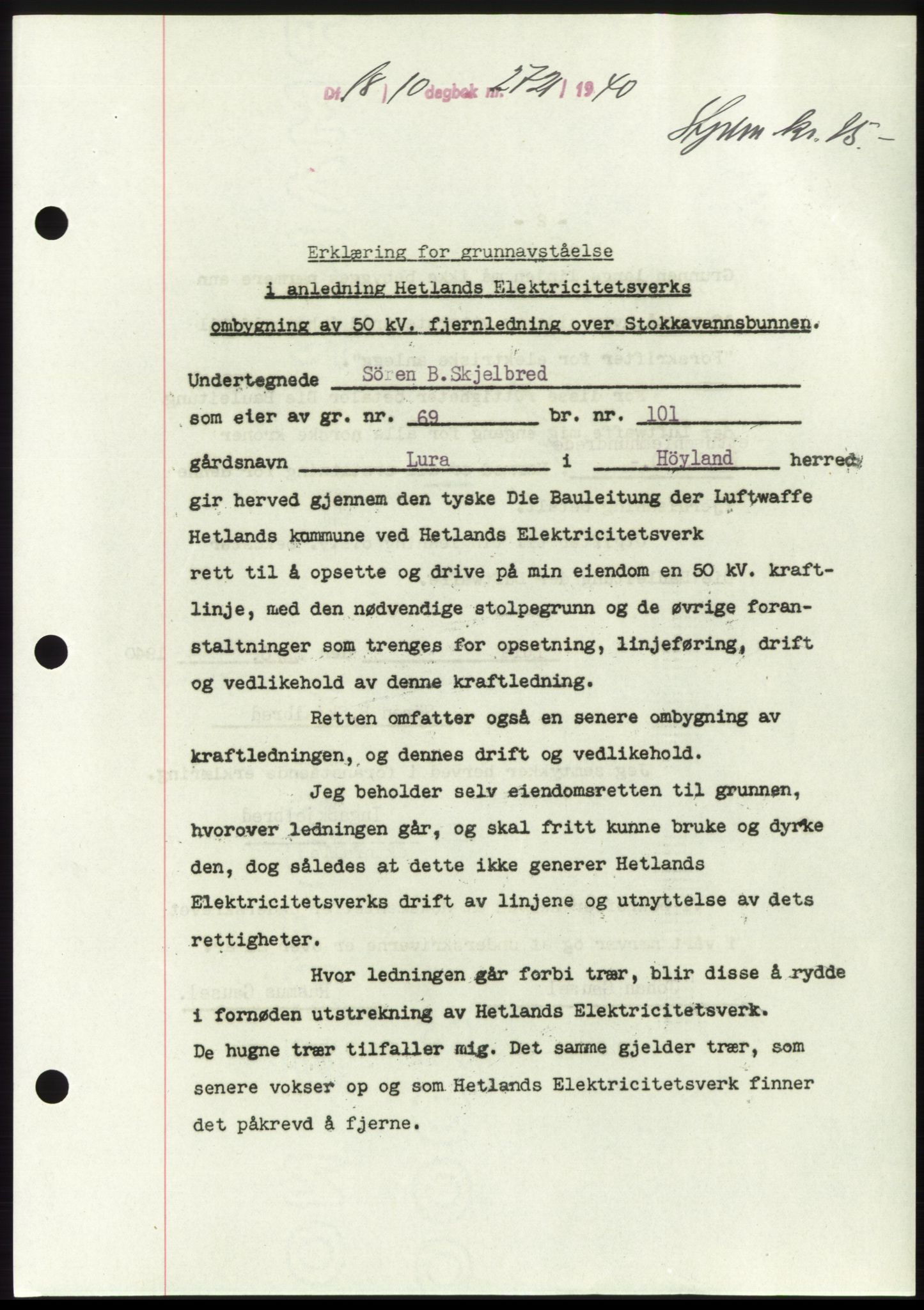 Jæren sorenskriveri, SAST/A-100310/03/G/Gba/L0078: Pantebok, 1940-1940, Dagboknr: 2721/1940