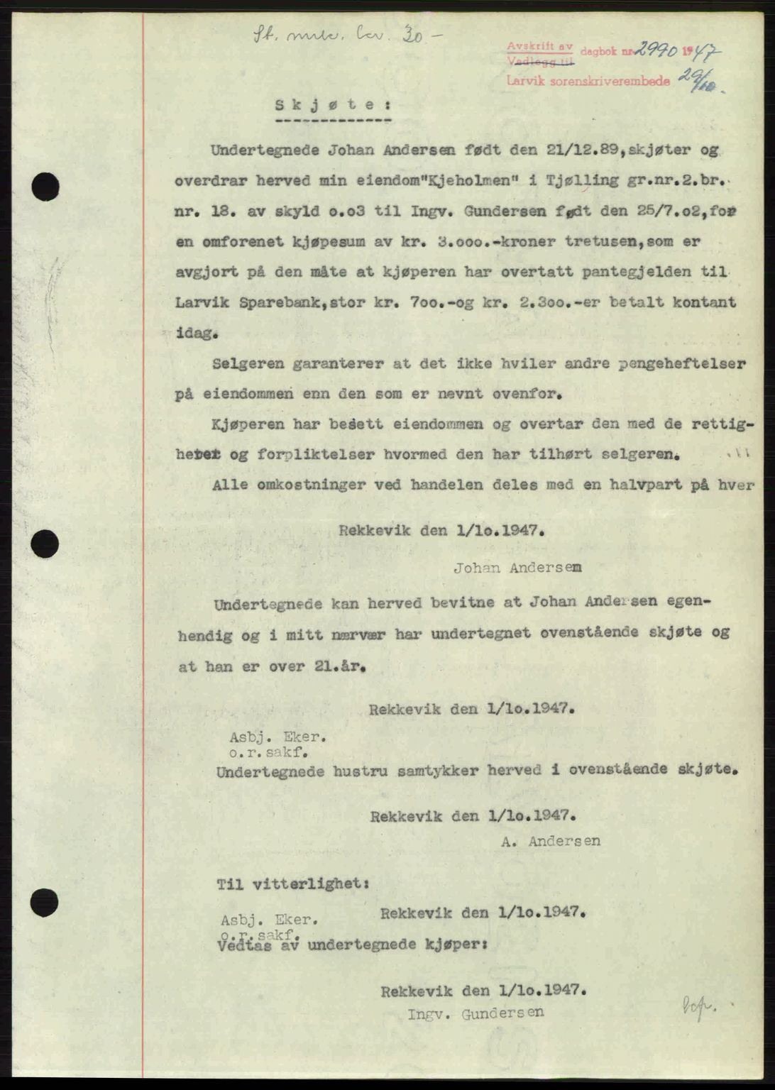 Larvik sorenskriveri, SAKO/A-83/G/Ga/Gab/L0085: Pantebok nr. A-19, 1947-1948, Dagboknr: 2990/1947