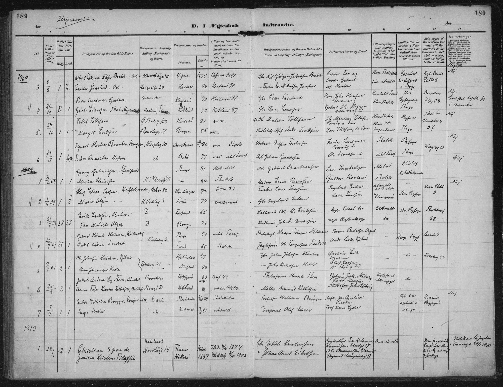 Domkirken sokneprestkontor, AV/SAST-A-101812/002/A/L0016: Ministerialbok nr. A 33, 1905-1922, s. 189