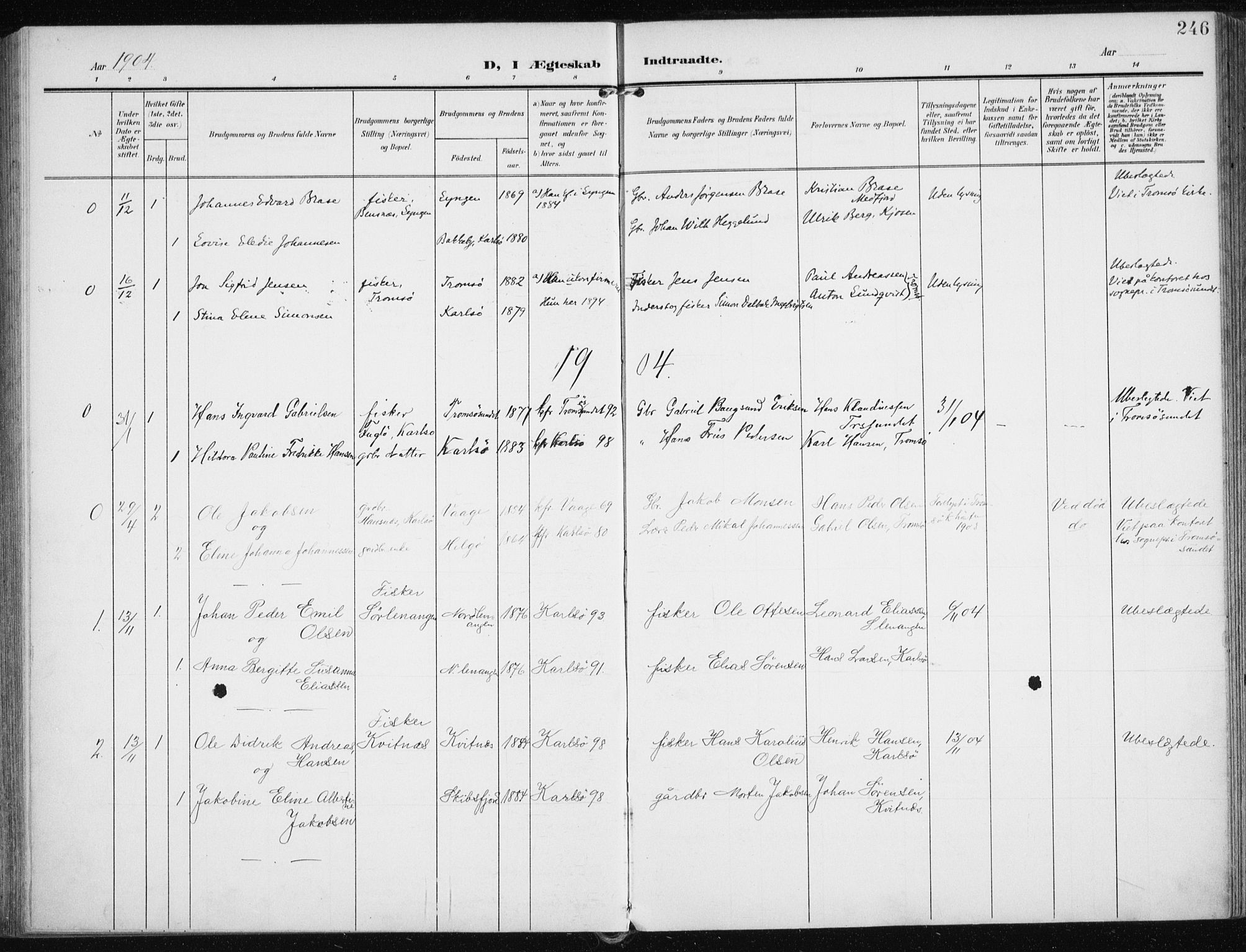 Karlsøy sokneprestembete, AV/SATØ-S-1299/H/Ha/Haa/L0014kirke: Ministerialbok nr. 14, 1903-1917, s. 246