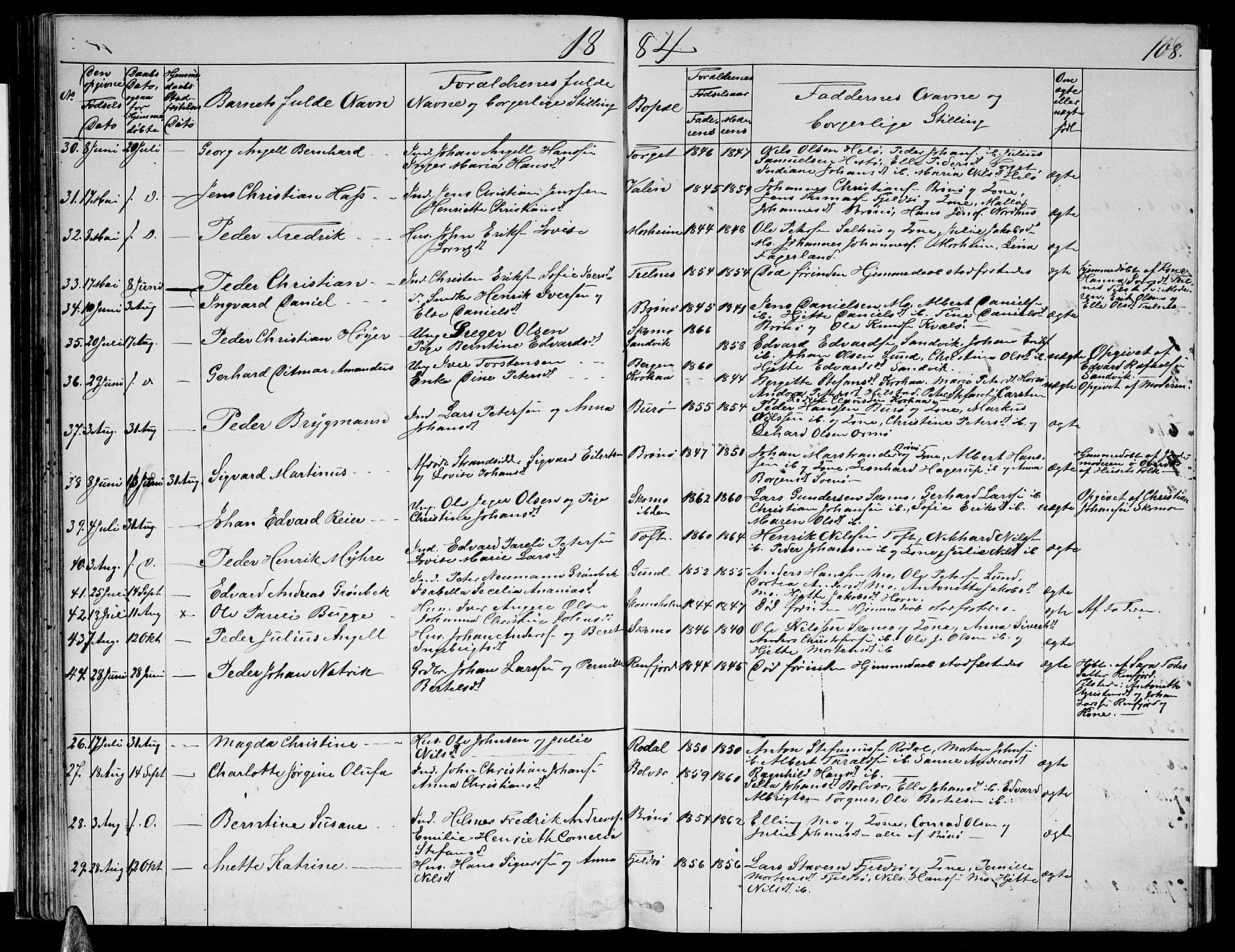 Ministerialprotokoller, klokkerbøker og fødselsregistre - Nordland, AV/SAT-A-1459/813/L0212: Klokkerbok nr. 813C04, 1864-1886, s. 108