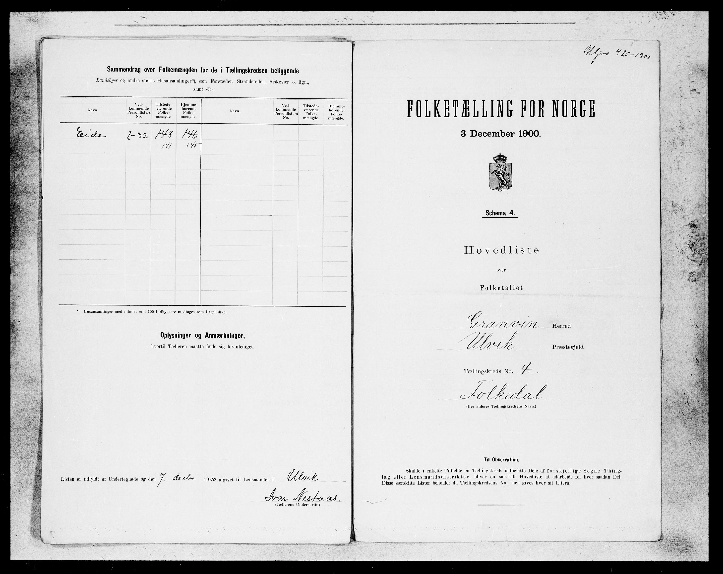 SAB, Folketelling 1900 for 1234 Granvin herred, 1900, s. 8